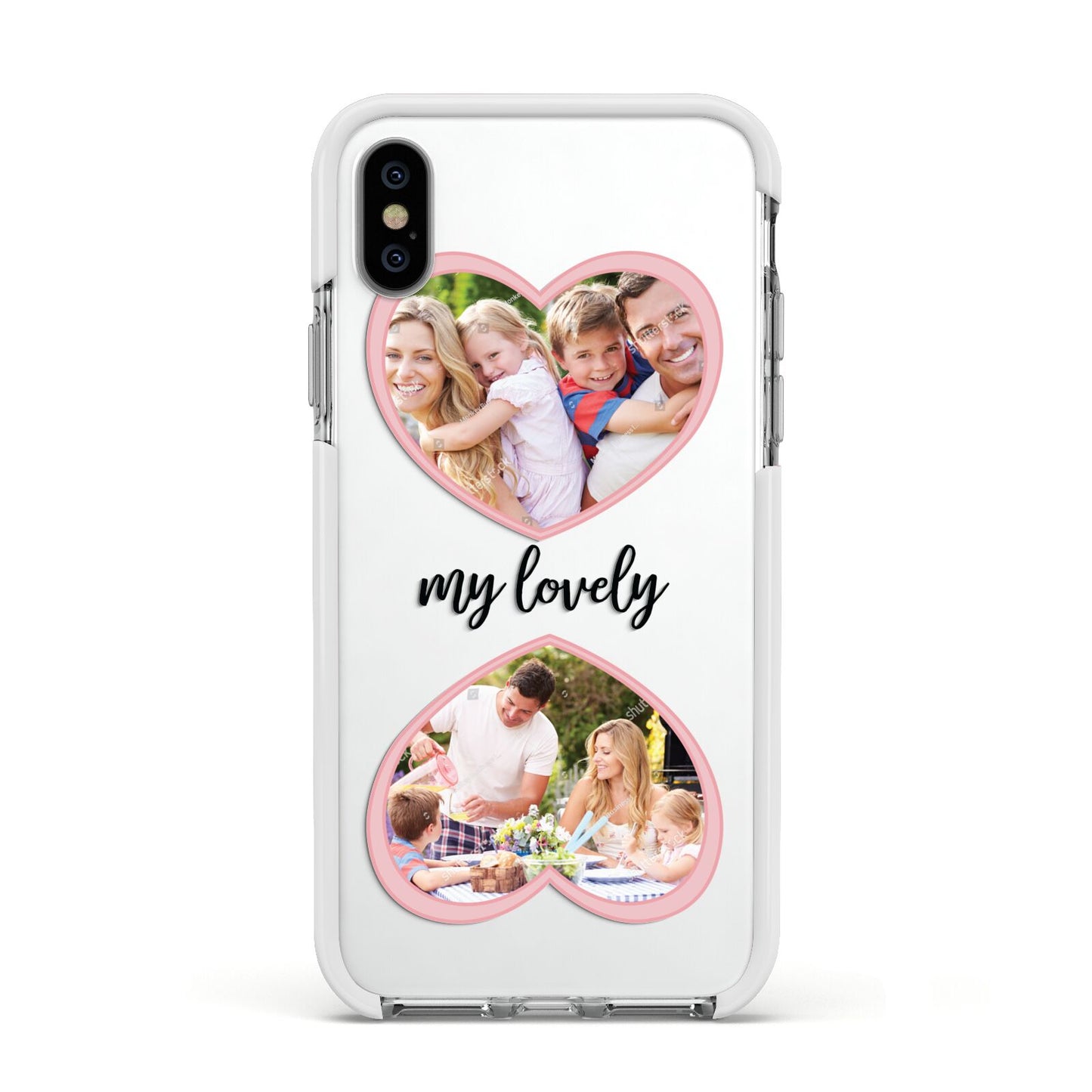 Personalised Multi Photo Hearts Apple iPhone Xs Impact Case White Edge on Silver Phone