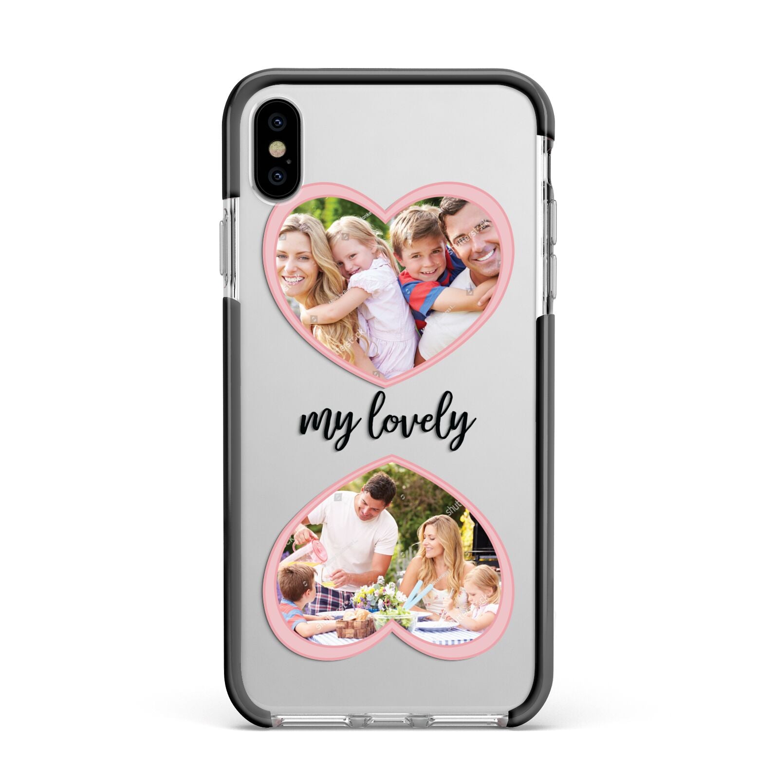 Personalised Multi Photo Hearts Apple iPhone Xs Max Impact Case Black Edge on Silver Phone