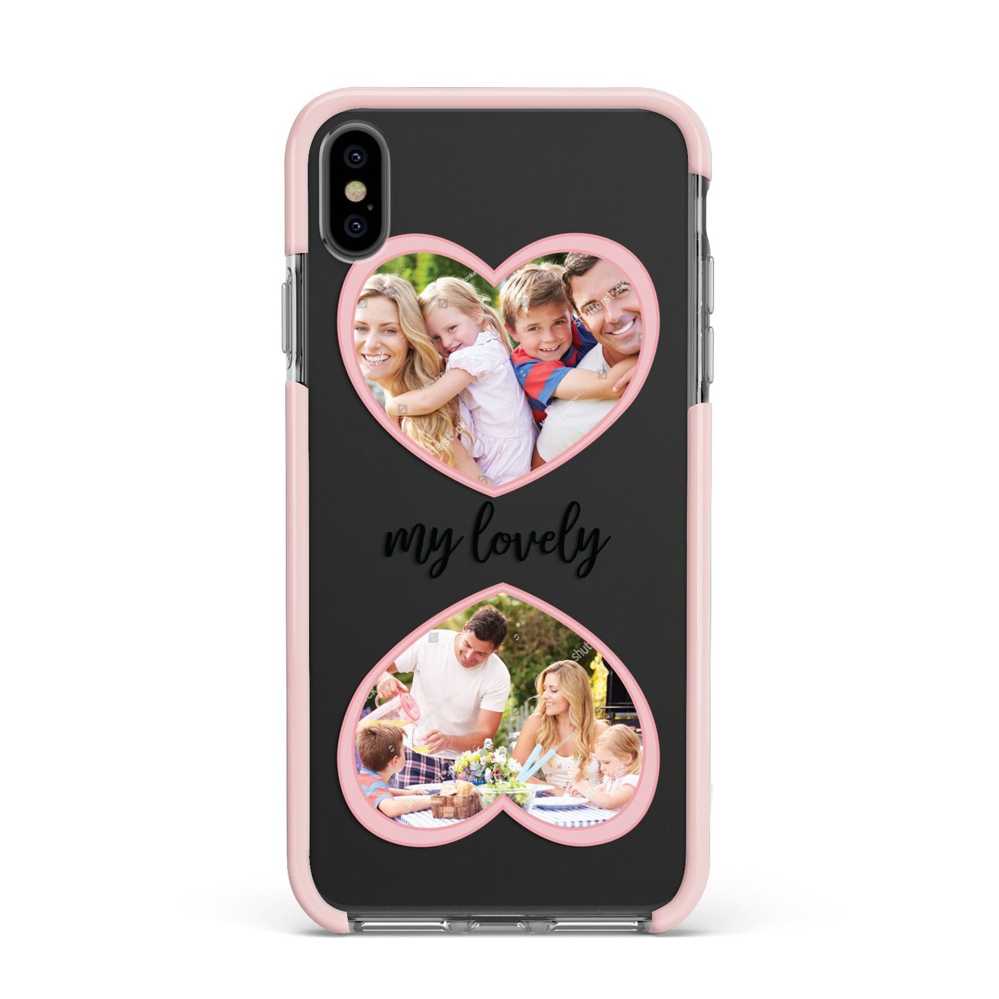 Personalised Multi Photo Hearts Apple iPhone Xs Max Impact Case Pink Edge on Black Phone