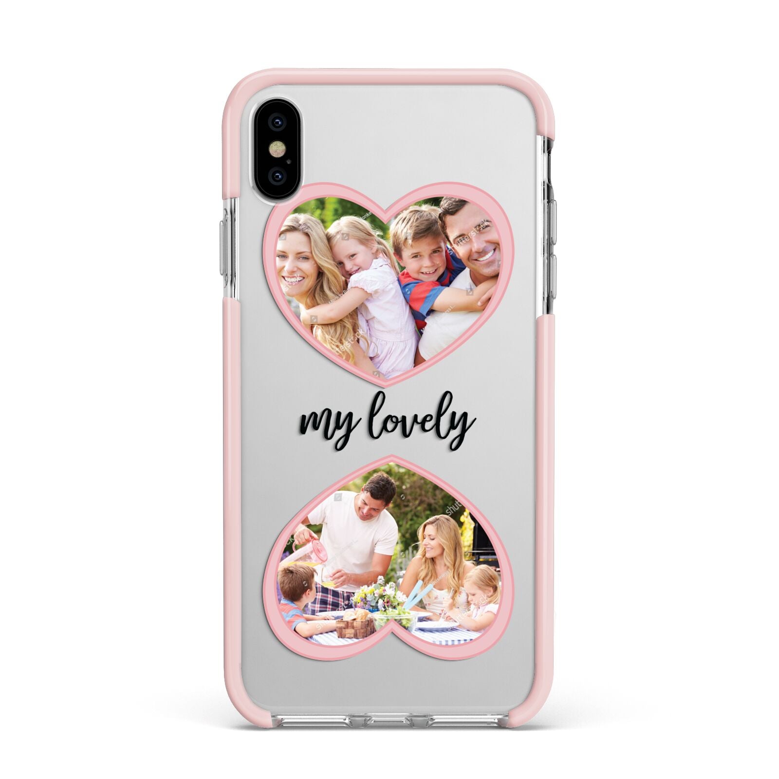 Personalised Multi Photo Hearts Apple iPhone Xs Max Impact Case Pink Edge on Silver Phone