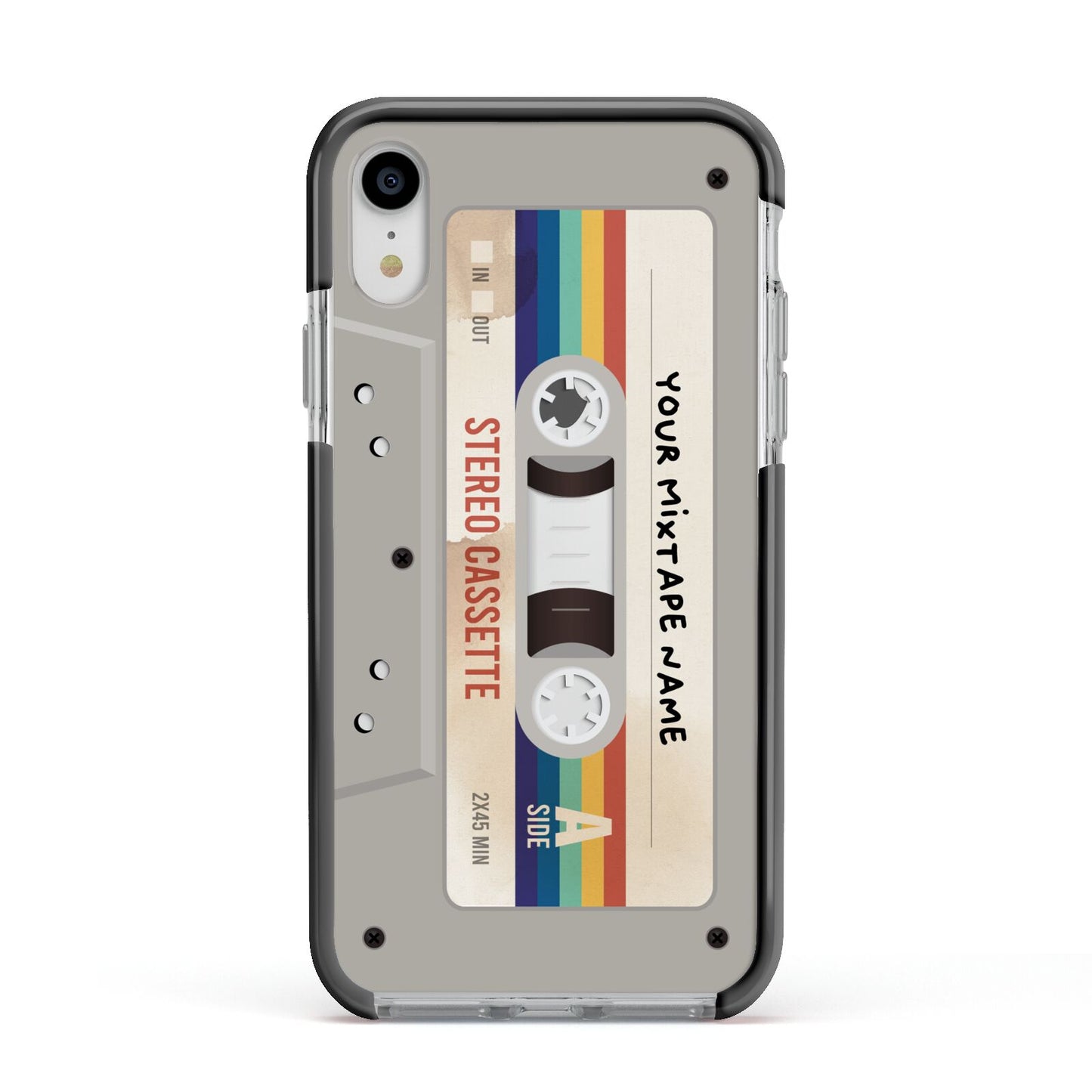 Personalised Multicoloured Mixtape Apple iPhone XR Impact Case Black Edge on Silver Phone