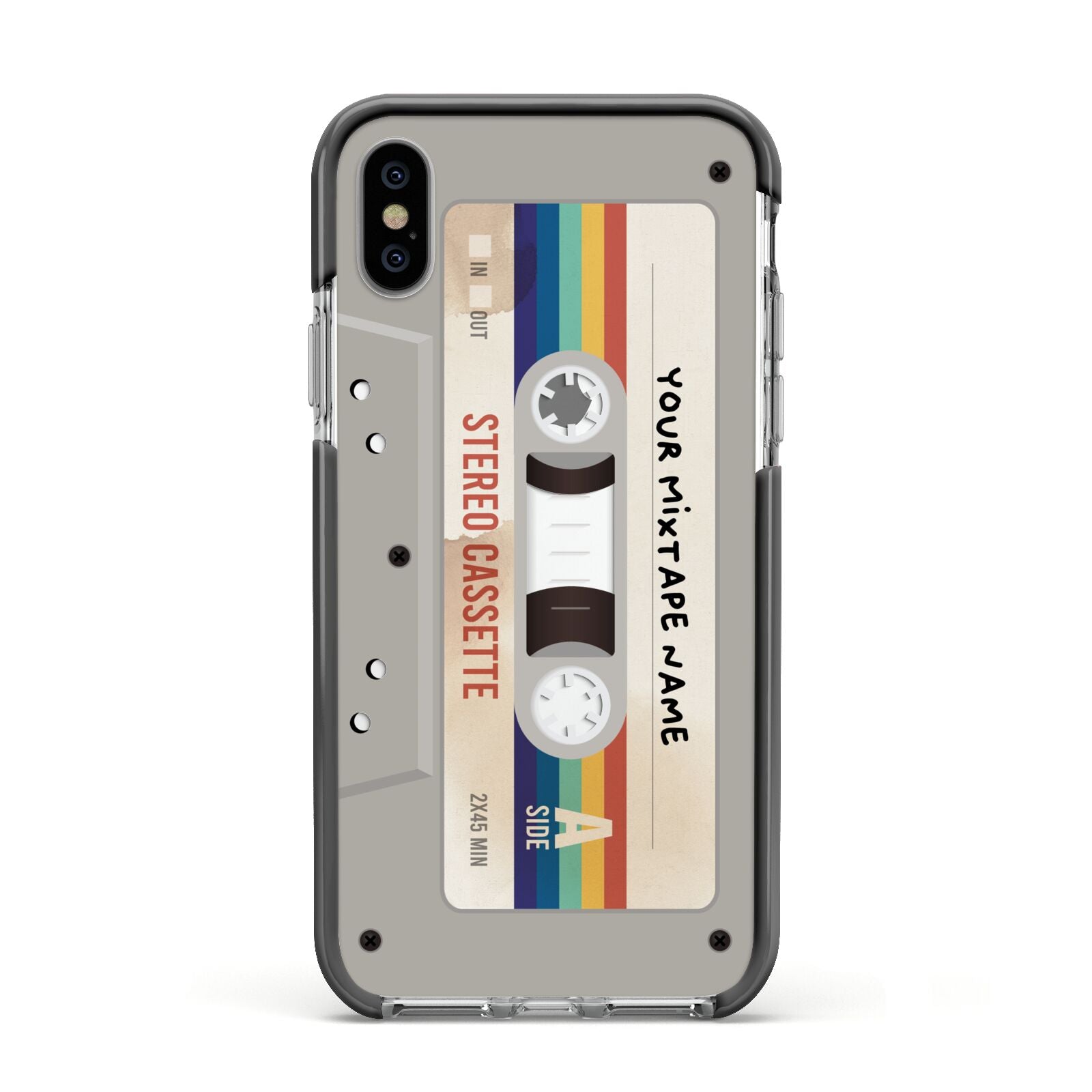 Personalised Multicoloured Mixtape Apple iPhone Xs Impact Case Black Edge on Silver Phone