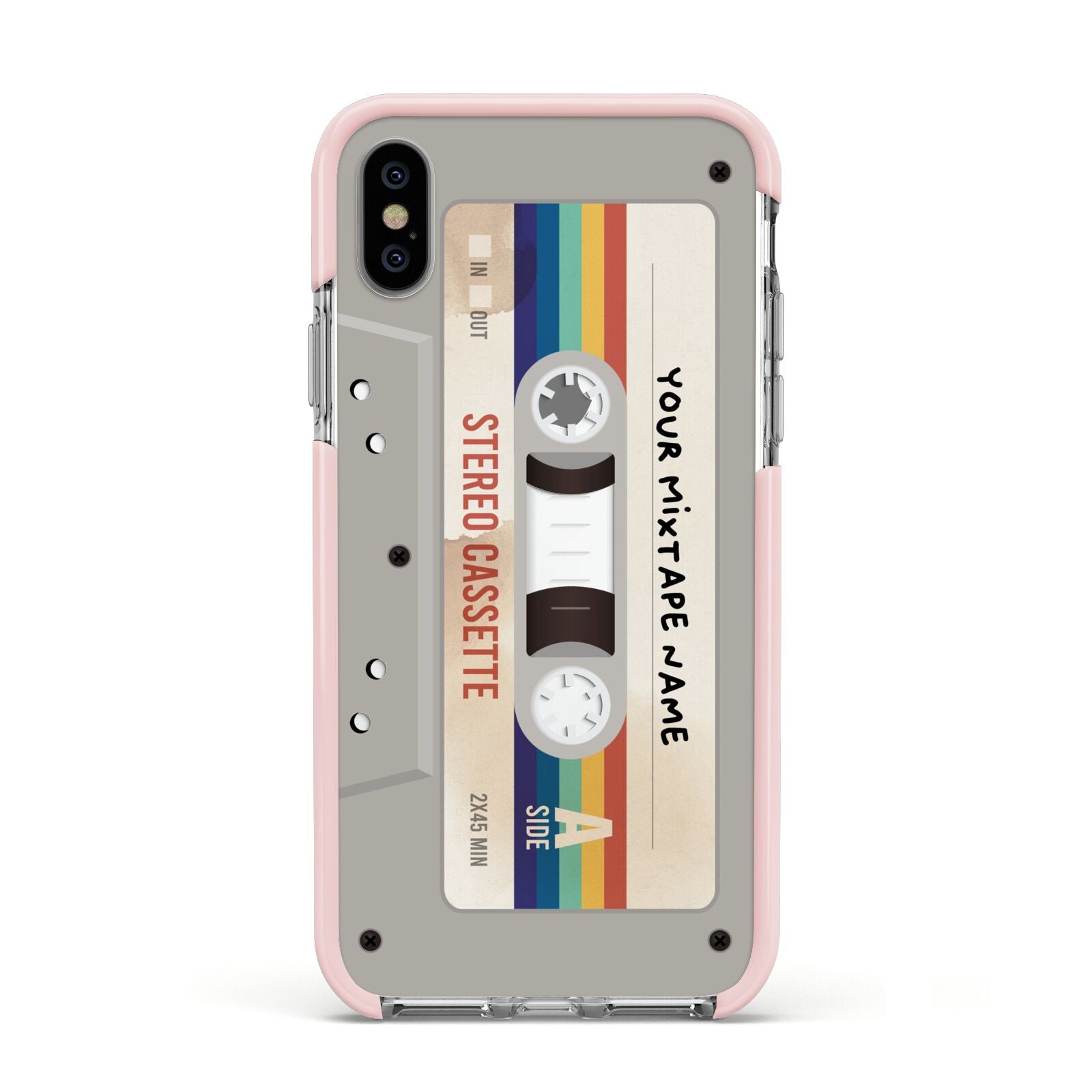 Personalised Multicoloured Mixtape Apple iPhone Xs Impact Case Pink Edge on Silver Phone