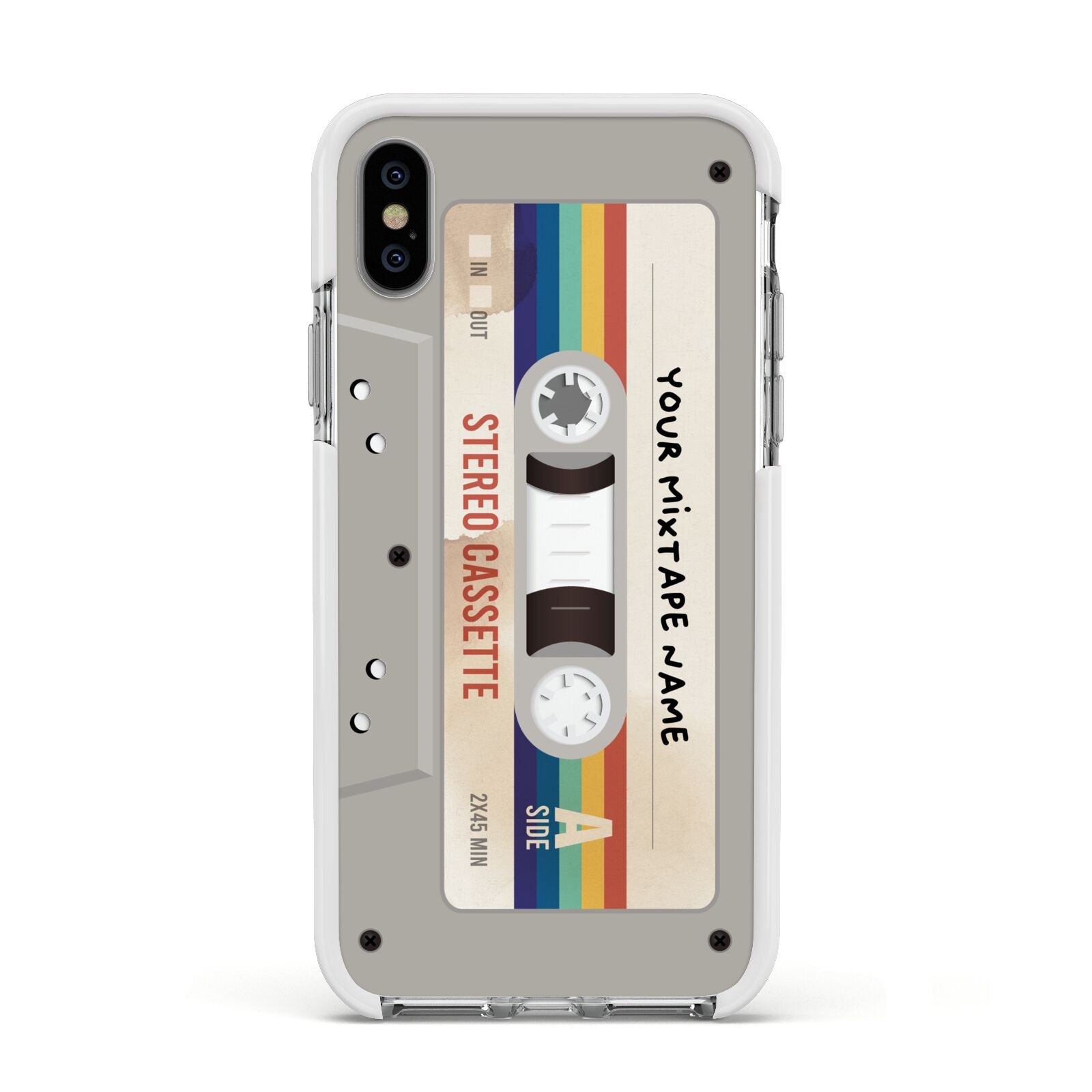 Personalised Multicoloured Mixtape Apple iPhone Xs Impact Case White Edge on Silver Phone