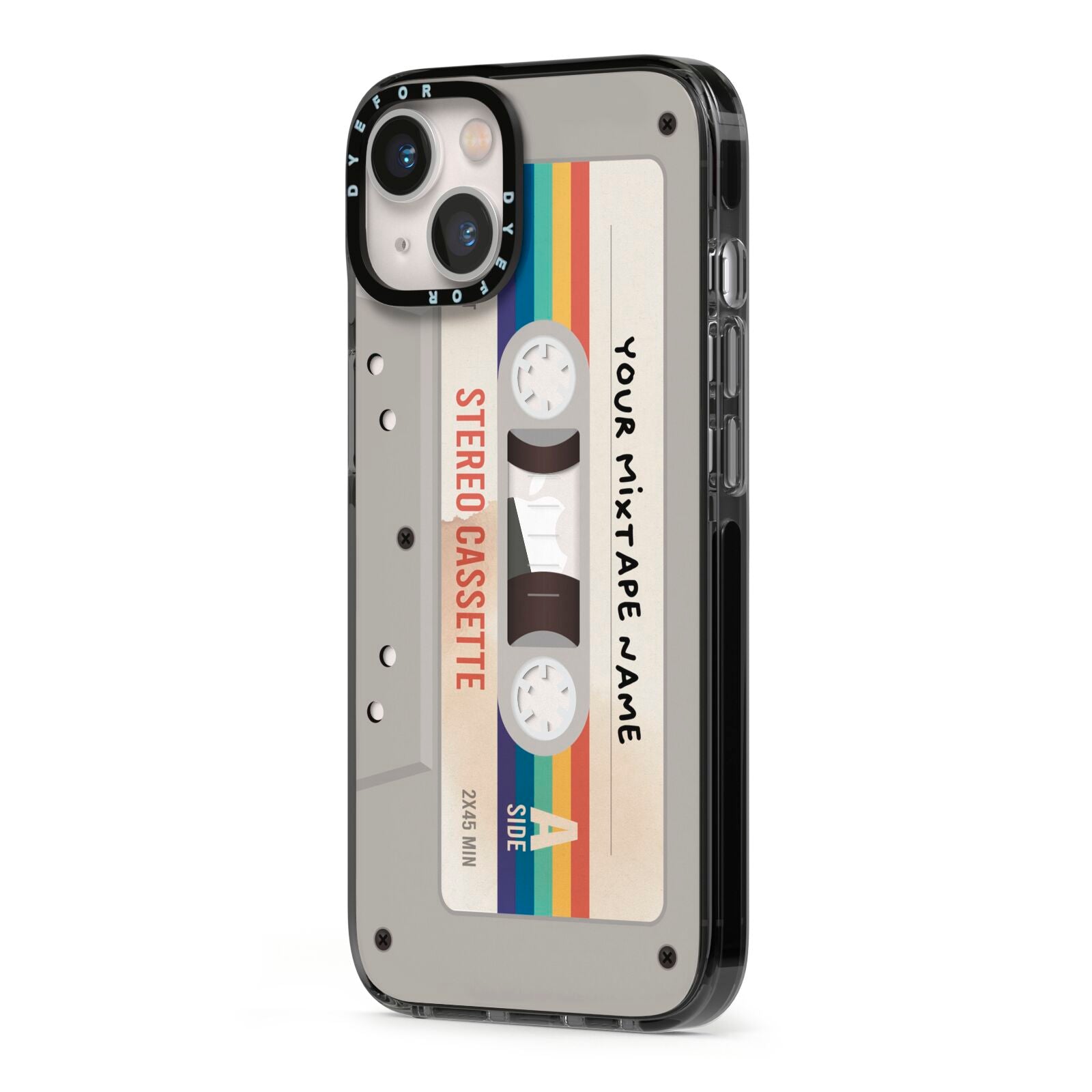 Personalised Multicoloured Mixtape iPhone 13 Black Impact Case Side Angle on Silver phone