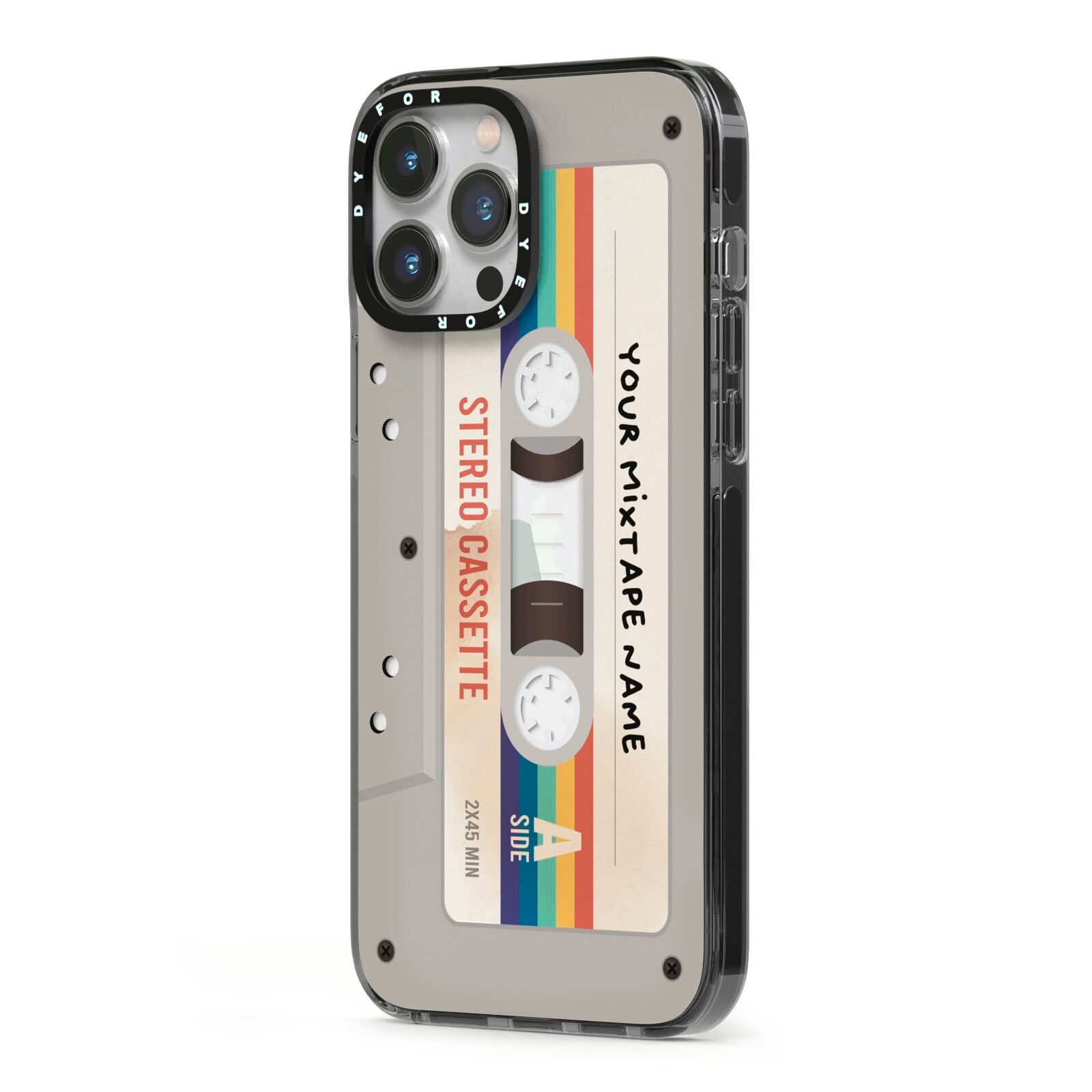 Personalised Multicoloured Mixtape iPhone 13 Pro Max Black Impact Case Side Angle on Silver phone