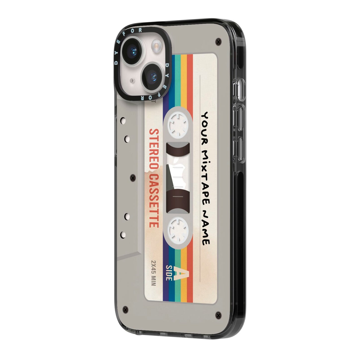 Personalised Multicoloured Mixtape iPhone 14 Black Impact Case Side Angle on Silver phone