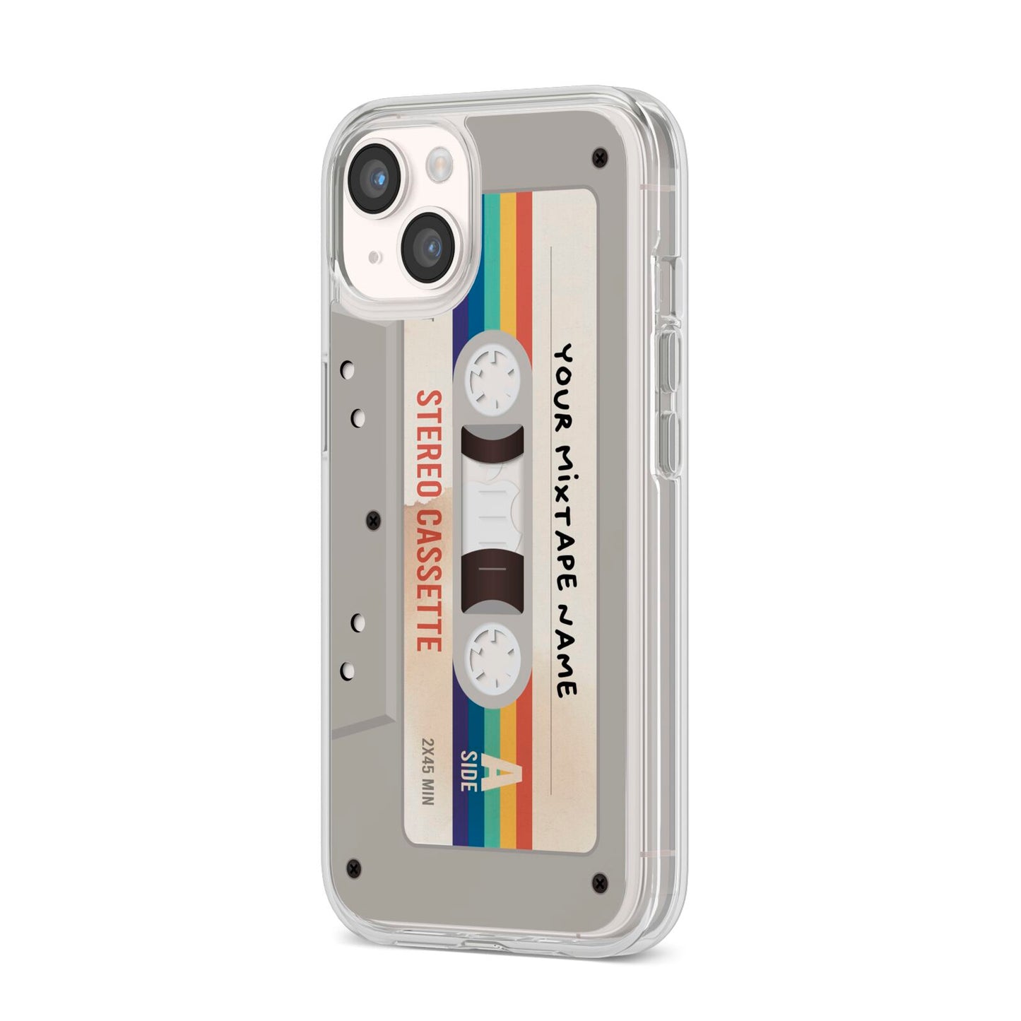 Personalised Multicoloured Mixtape iPhone 14 Clear Tough Case Starlight Angled Image