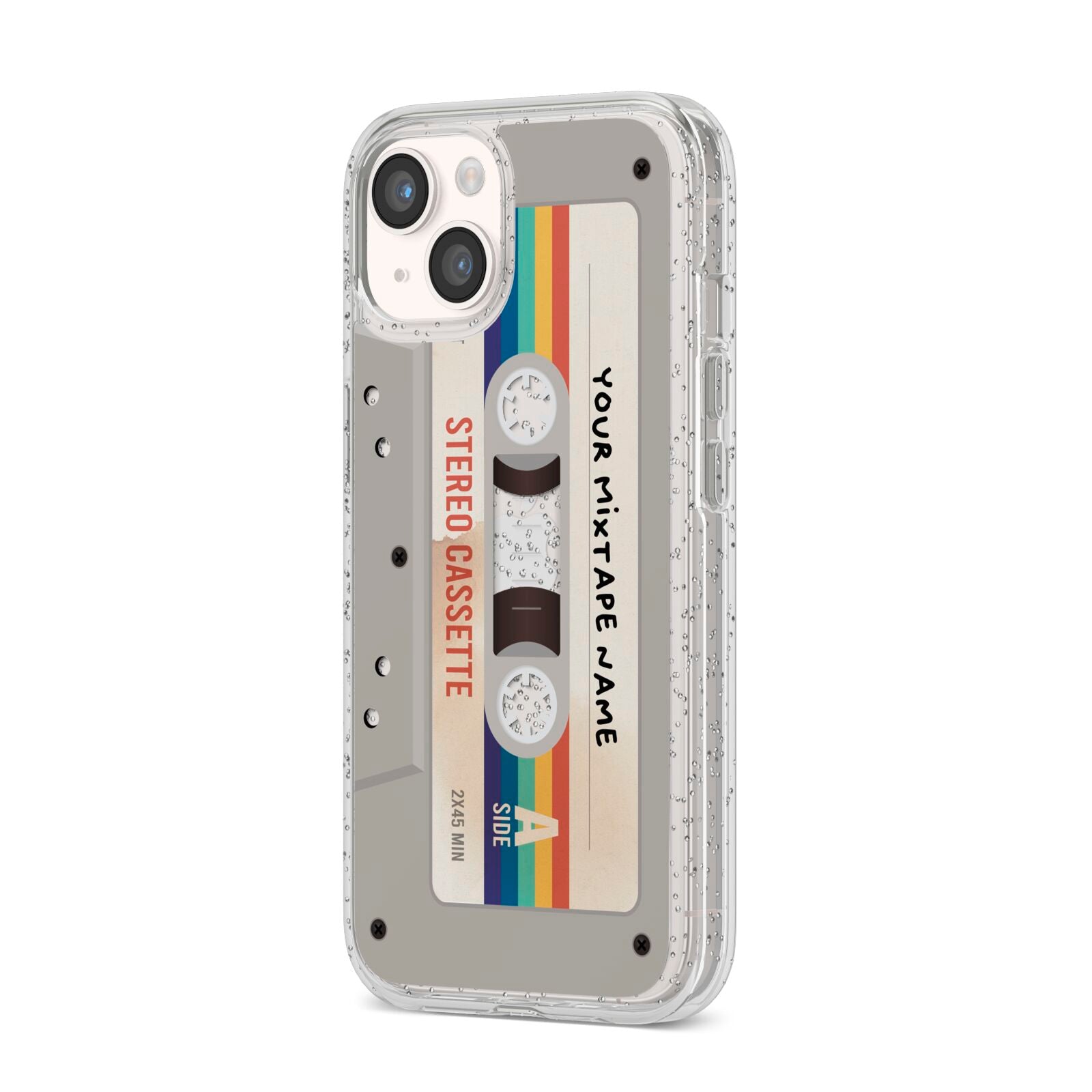 Personalised Multicoloured Mixtape iPhone 14 Glitter Tough Case Starlight Angled Image