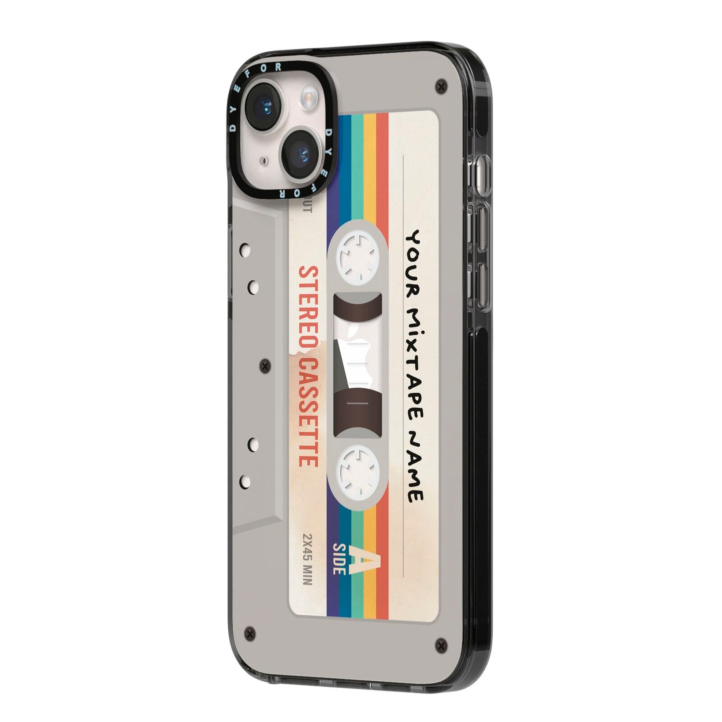 Personalised Multicoloured Mixtape iPhone 14 Plus Black Impact Case Side Angle on Silver phone