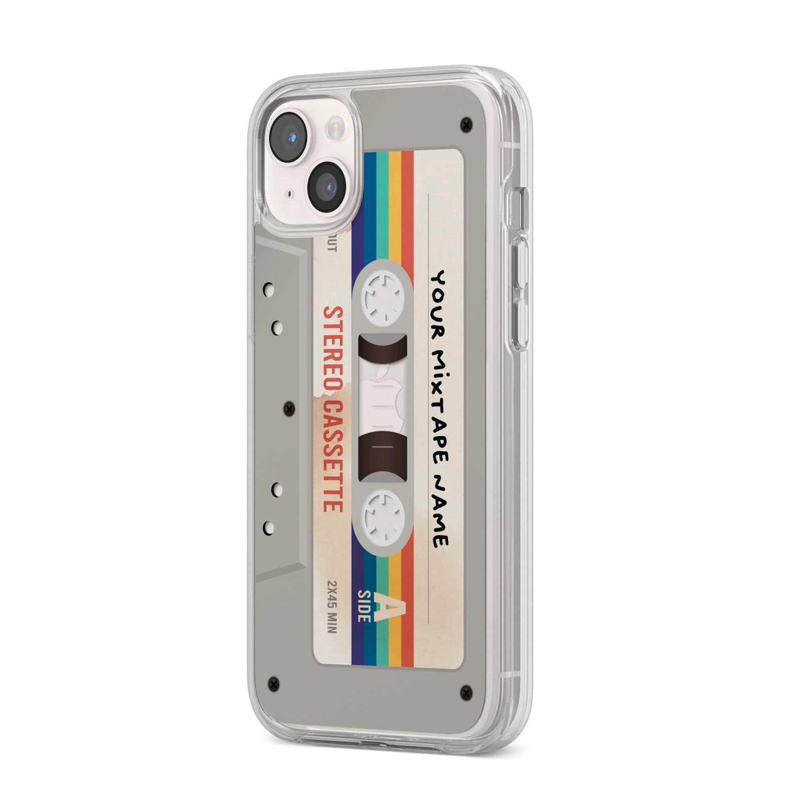 Personalised Multicoloured Mixtape iPhone 14 Plus Clear Tough Case Starlight Angled Image