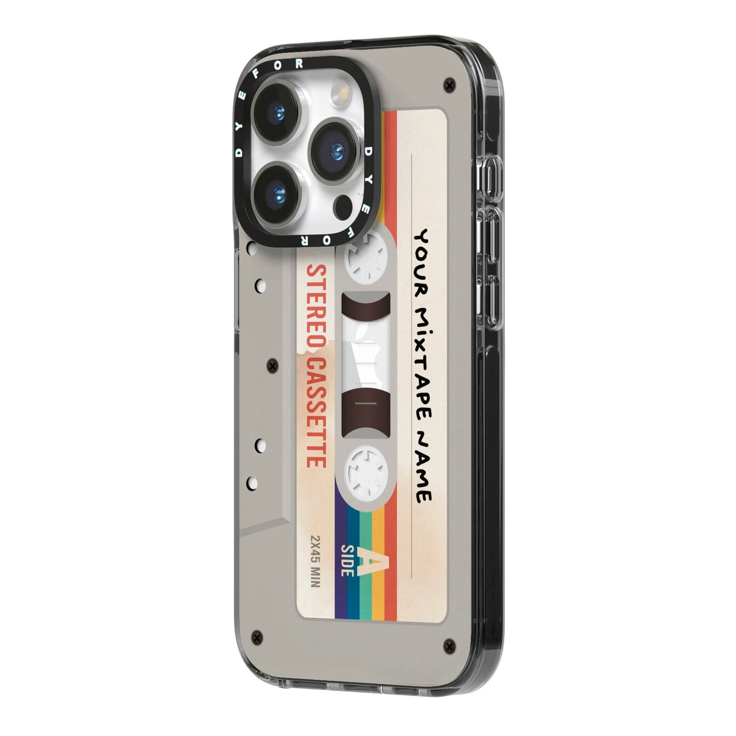 Personalised Multicoloured Mixtape iPhone 14 Pro Black Impact Case Side Angle on Silver phone