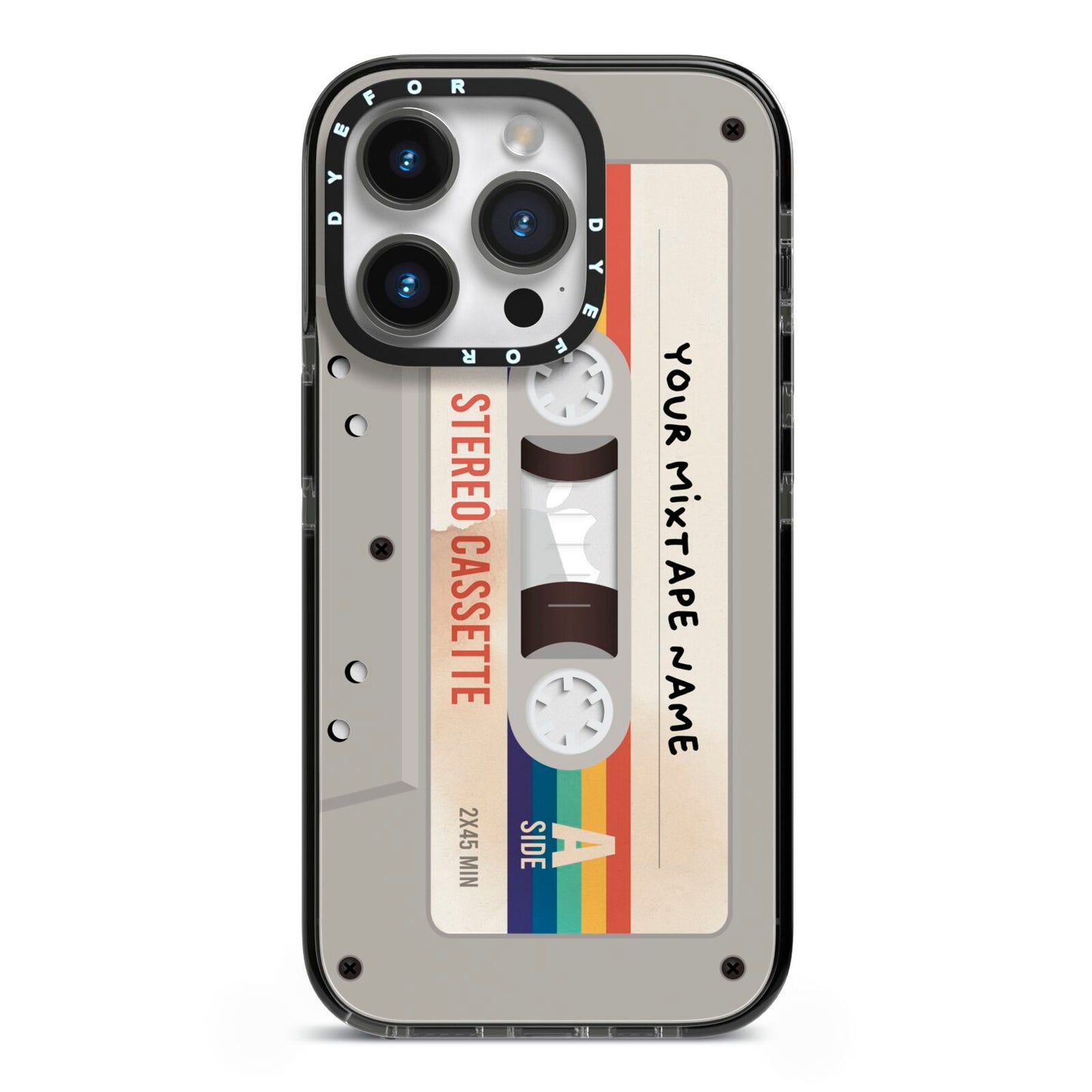 Personalised Multicoloured Mixtape iPhone 14 Pro Black Impact Case on Silver phone