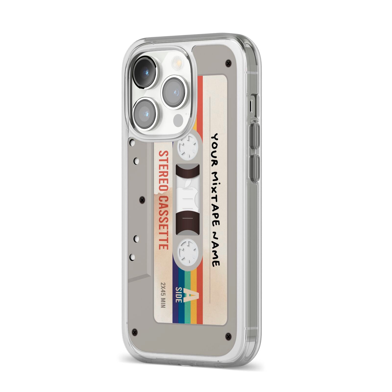 Personalised Multicoloured Mixtape iPhone 14 Pro Clear Tough Case Silver Angled Image