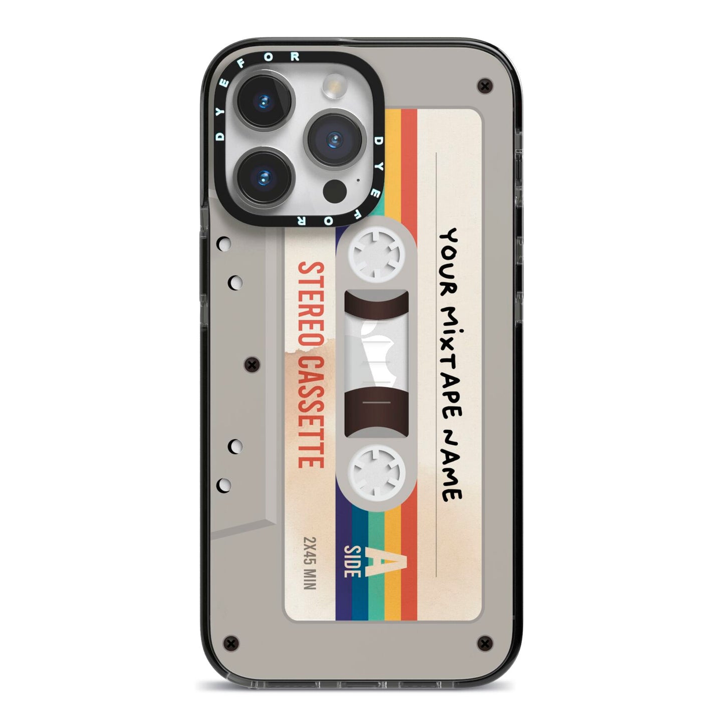 Personalised Multicoloured Mixtape iPhone 14 Pro Max Black Impact Case on Silver phone