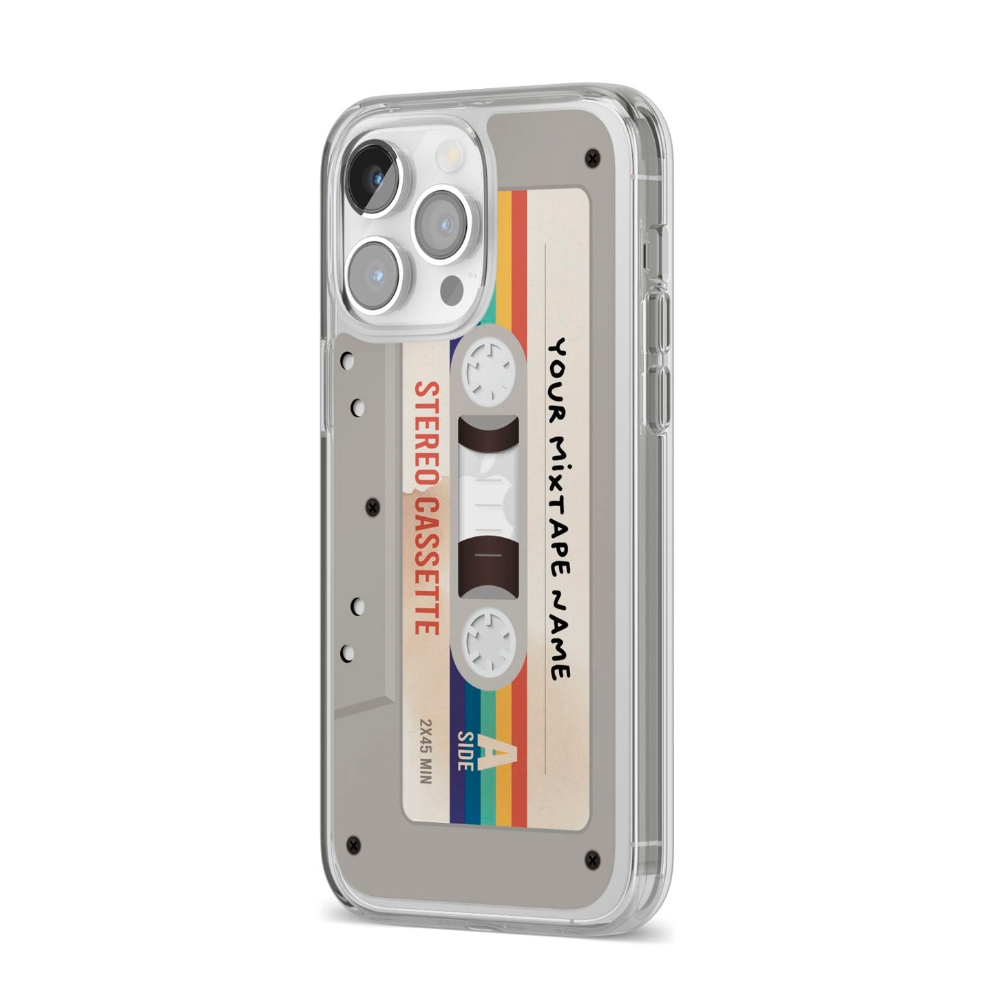 Personalised Multicoloured Mixtape iPhone 14 Pro Max Clear Tough Case Silver Angled Image