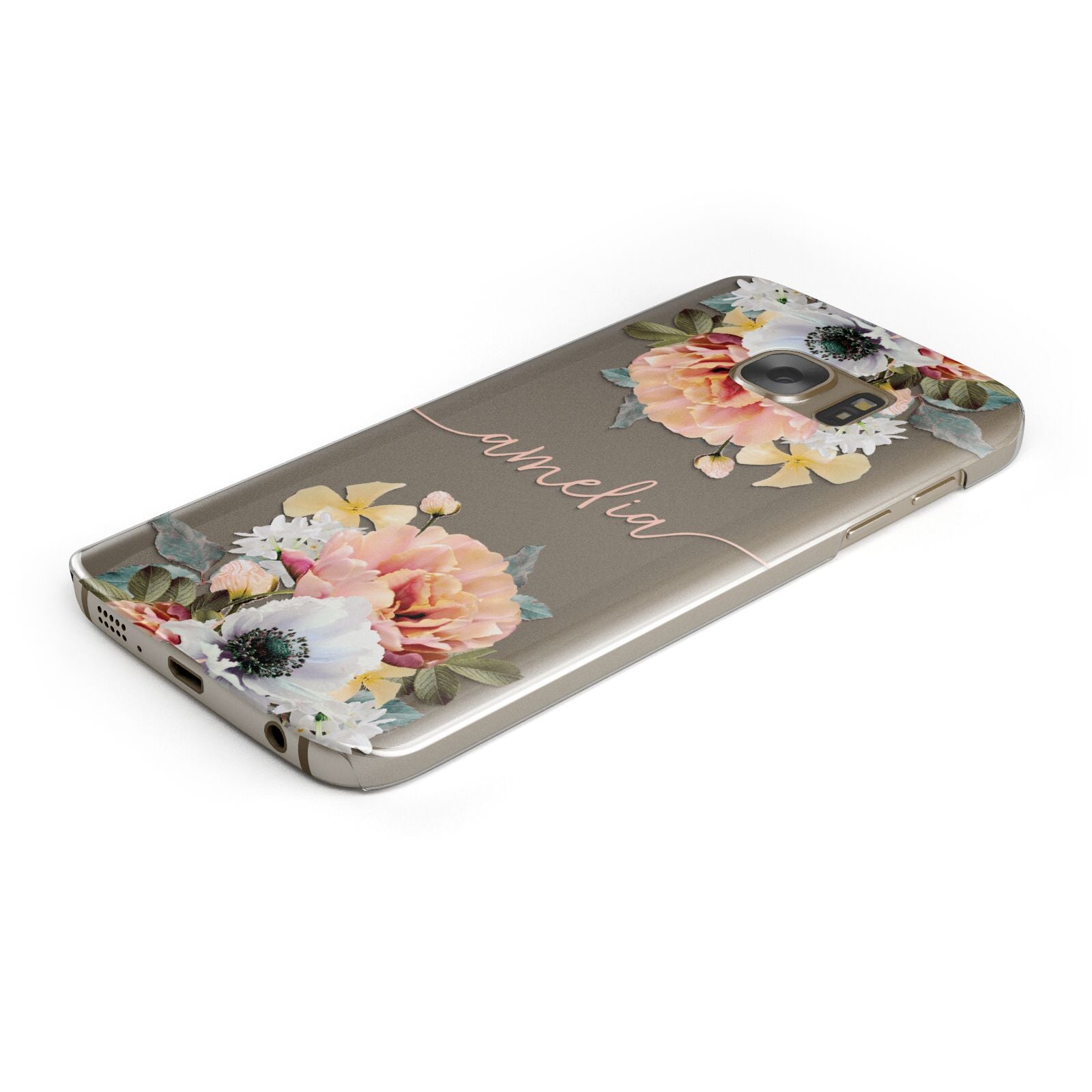 Personalised Name Clear Floral Protective Samsung Galaxy Case Angled Image