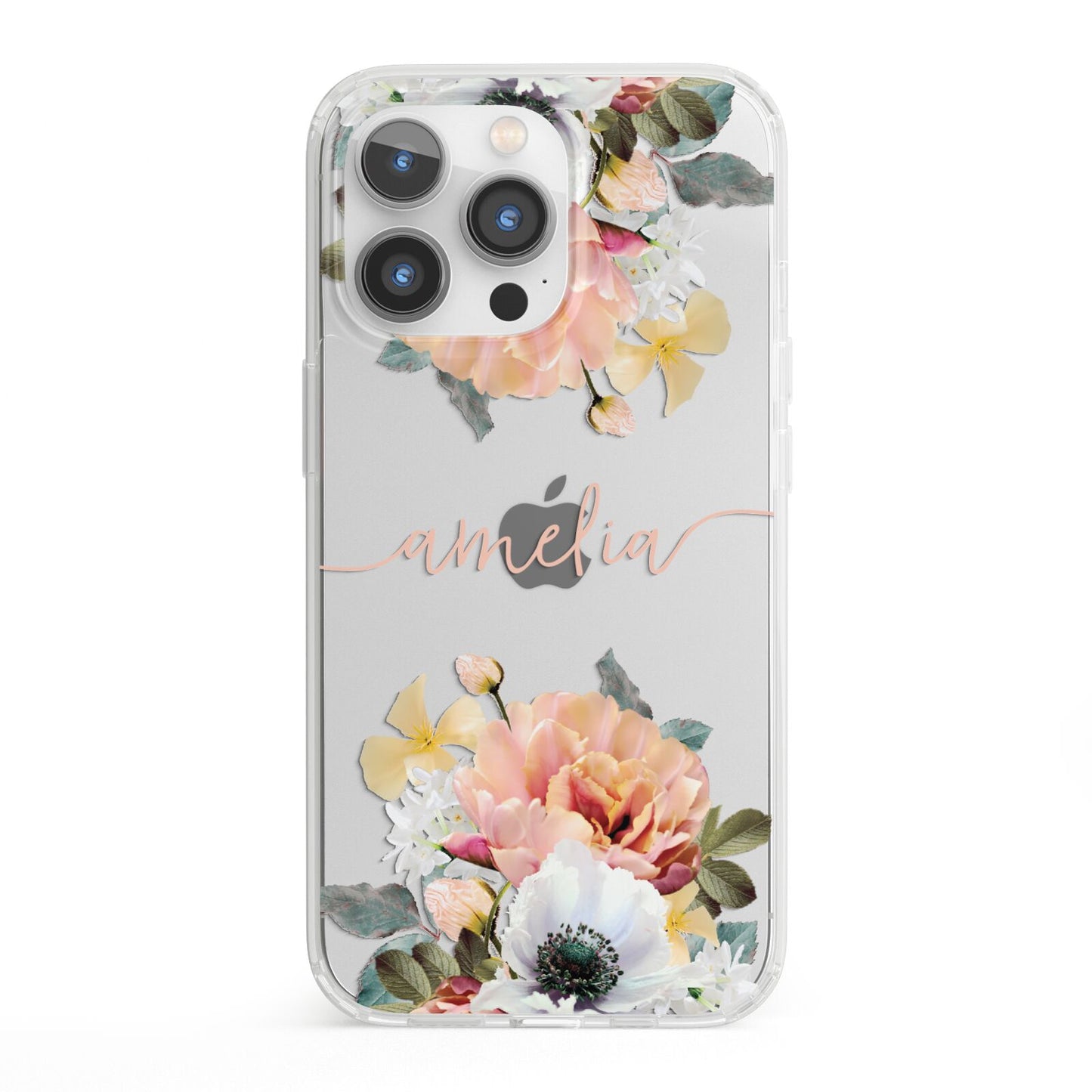 Personalised Name Clear Floral iPhone 13 Pro Clear Bumper Case