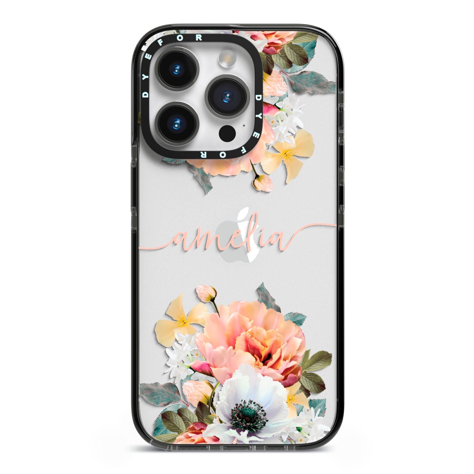 Personalised Name Clear Floral iPhone 14 Pro Black Impact Case on Silver phone