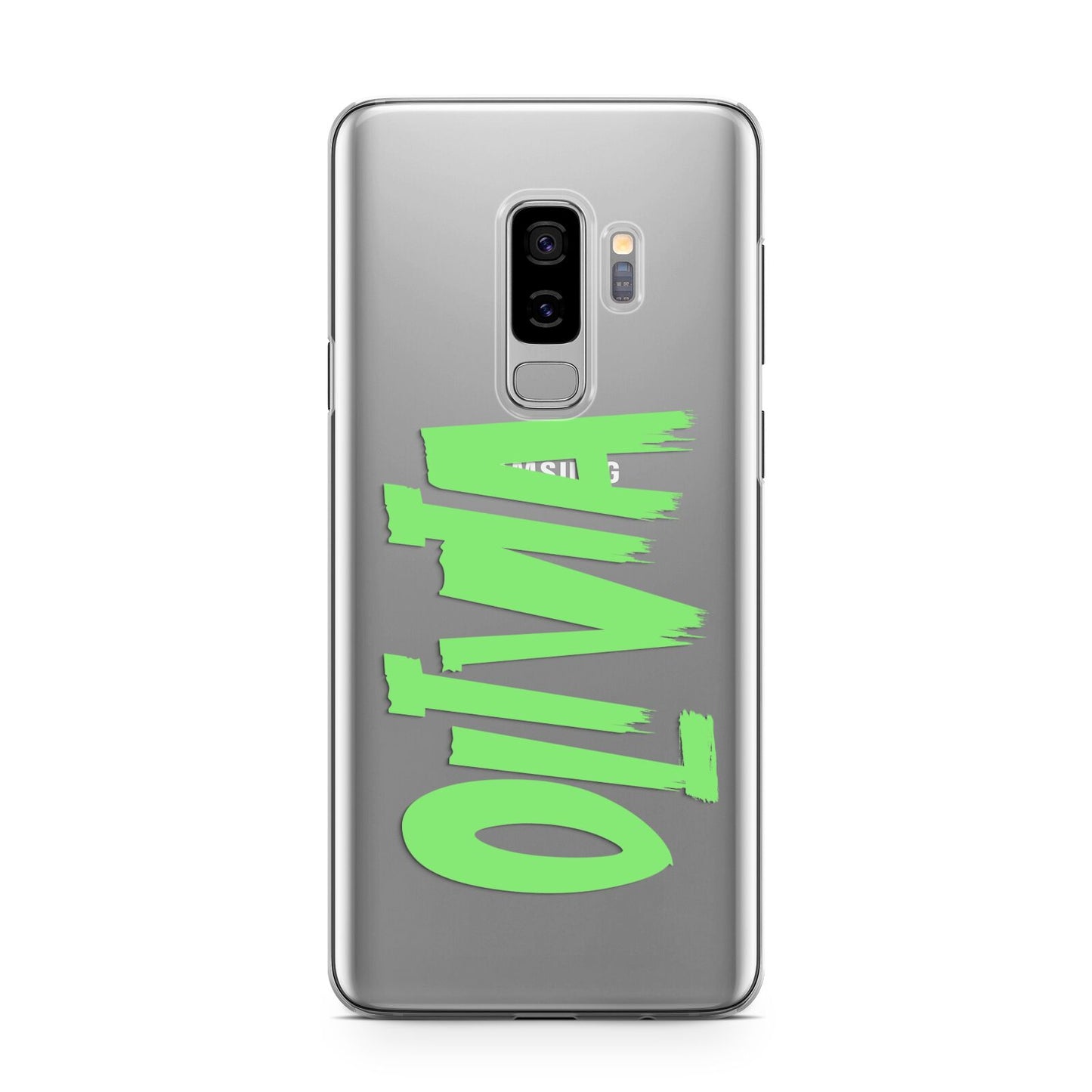 Personalised Name Green Spooky Samsung Galaxy S9 Plus Case on Silver phone