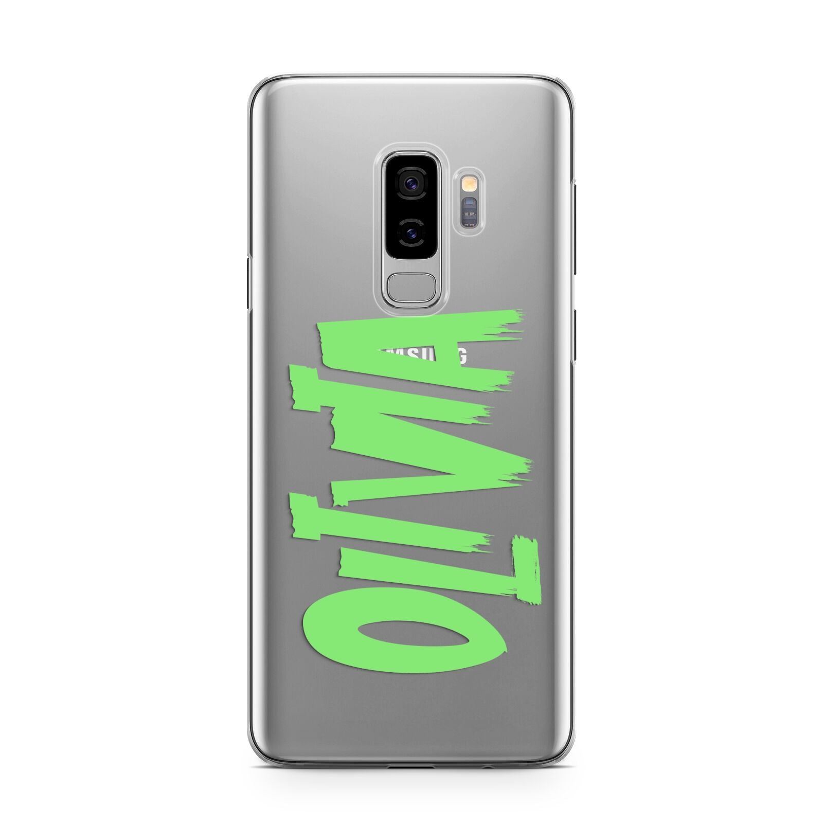 Personalised Name Green Spooky Samsung Galaxy S9 Plus Case on Silver phone