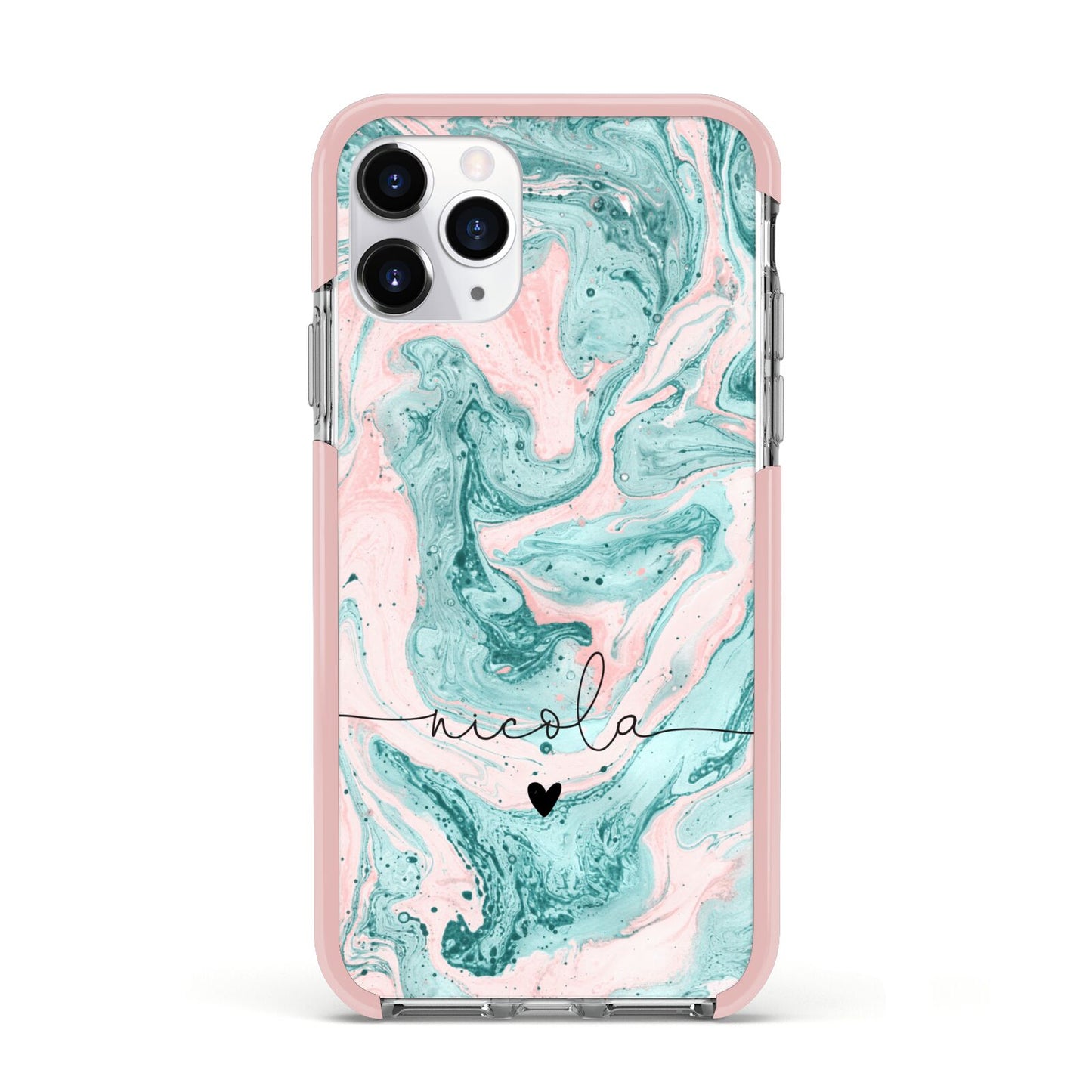 Personalised Name Green Swirl Marble Apple iPhone 11 Pro in Silver with Pink Impact Case