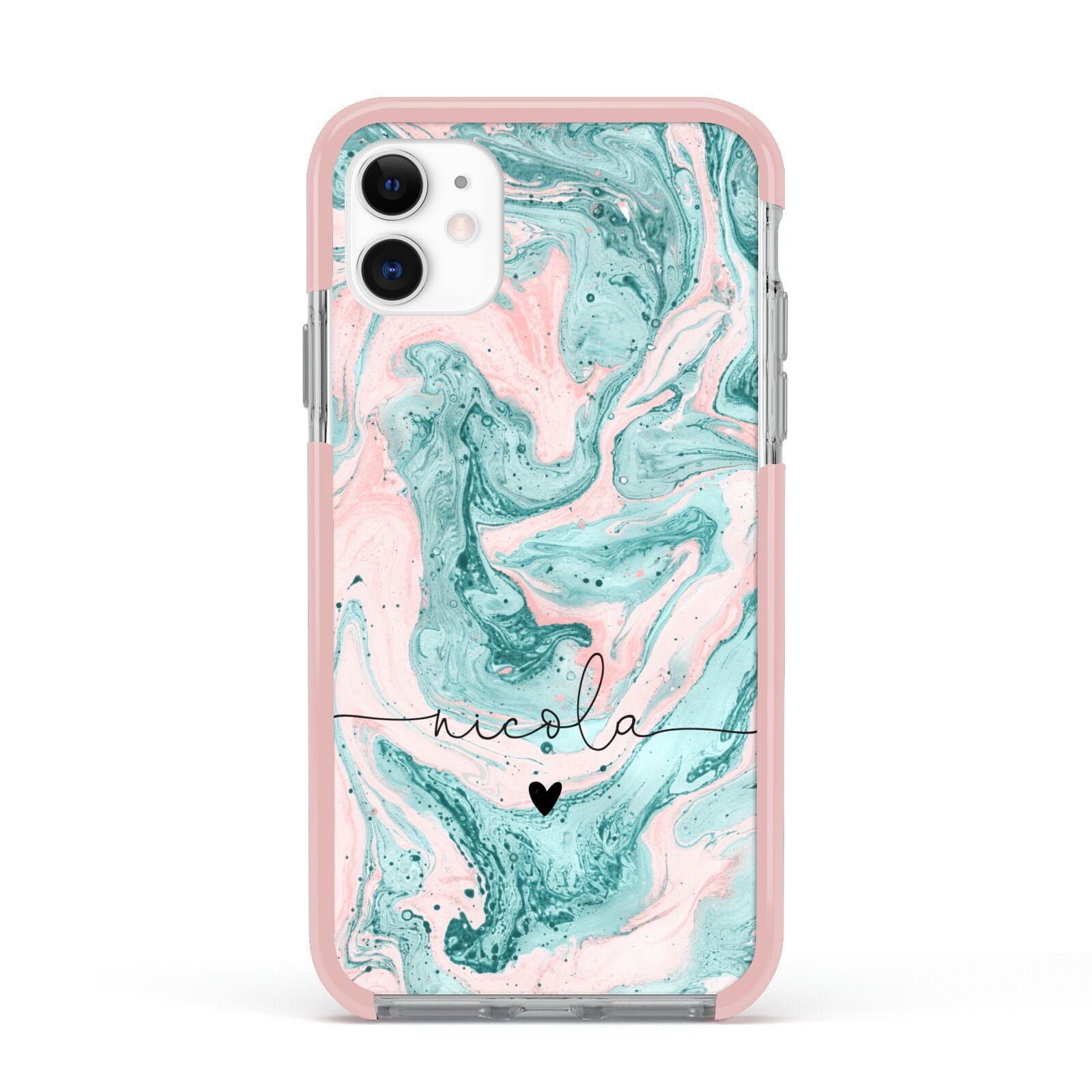 Personalised Name Green Swirl Marble Apple iPhone 11 in White with Pink Impact Case