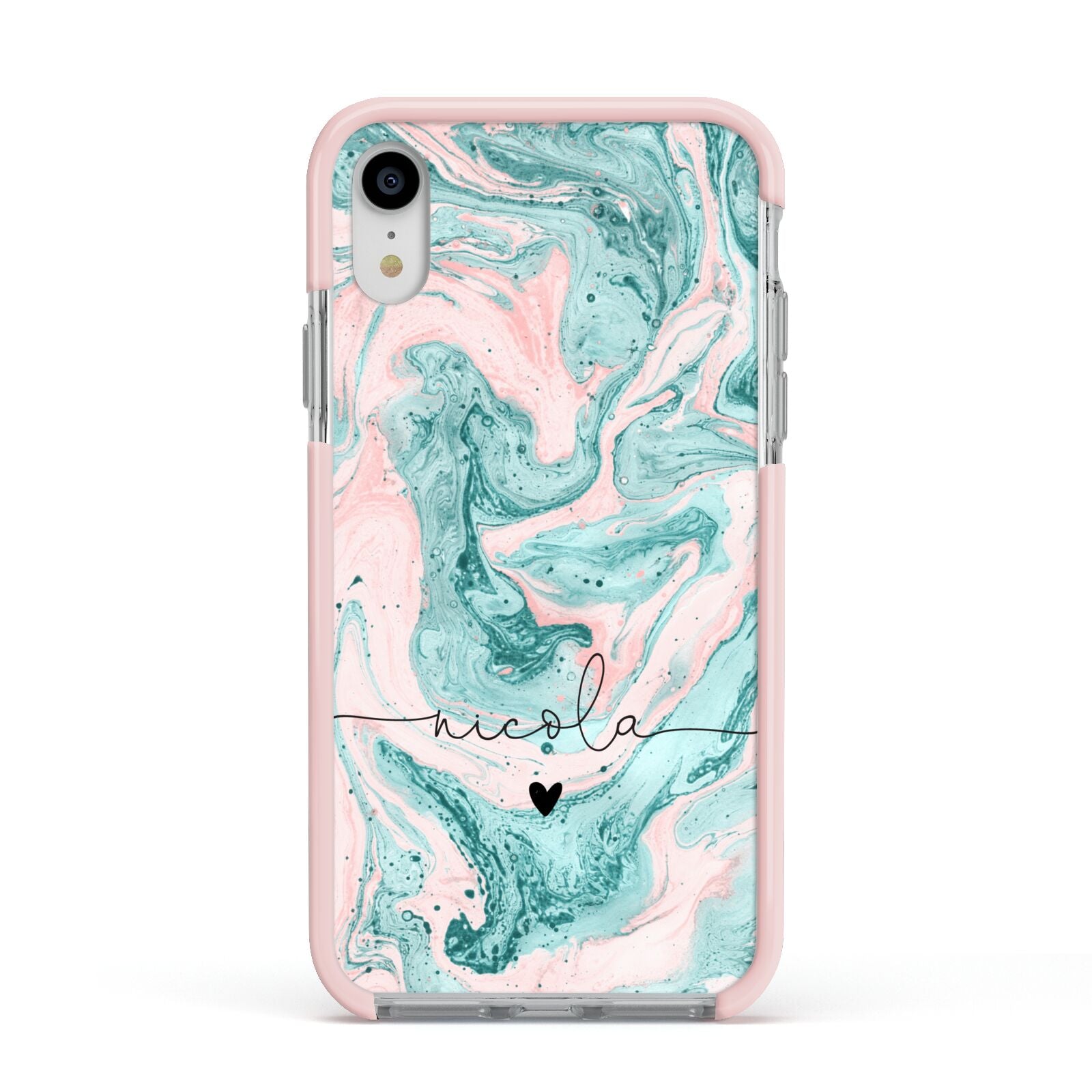 Personalised Name Green Swirl Marble Apple iPhone XR Impact Case Pink Edge on Silver Phone