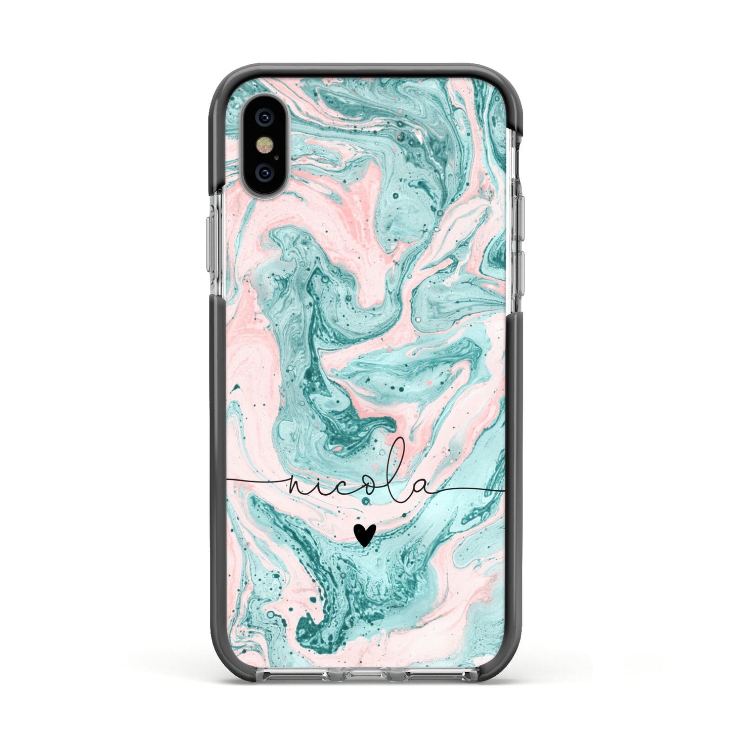 Personalised Name Green Swirl Marble Apple iPhone Xs Impact Case Black Edge on Silver Phone