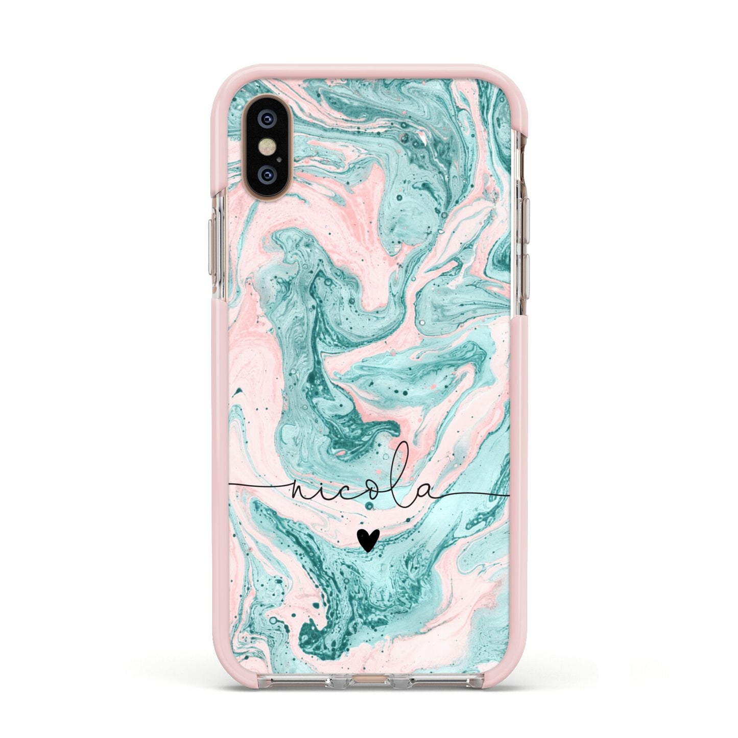 Personalised Name Green Swirl Marble Apple iPhone Xs Impact Case Pink Edge on Gold Phone