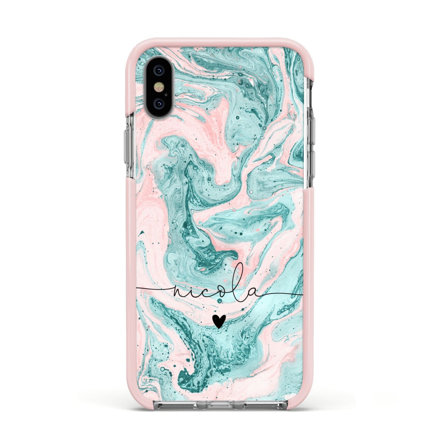 Personalised Name Green Swirl Marble Apple iPhone Xs Impact Case Pink Edge on Silver Phone