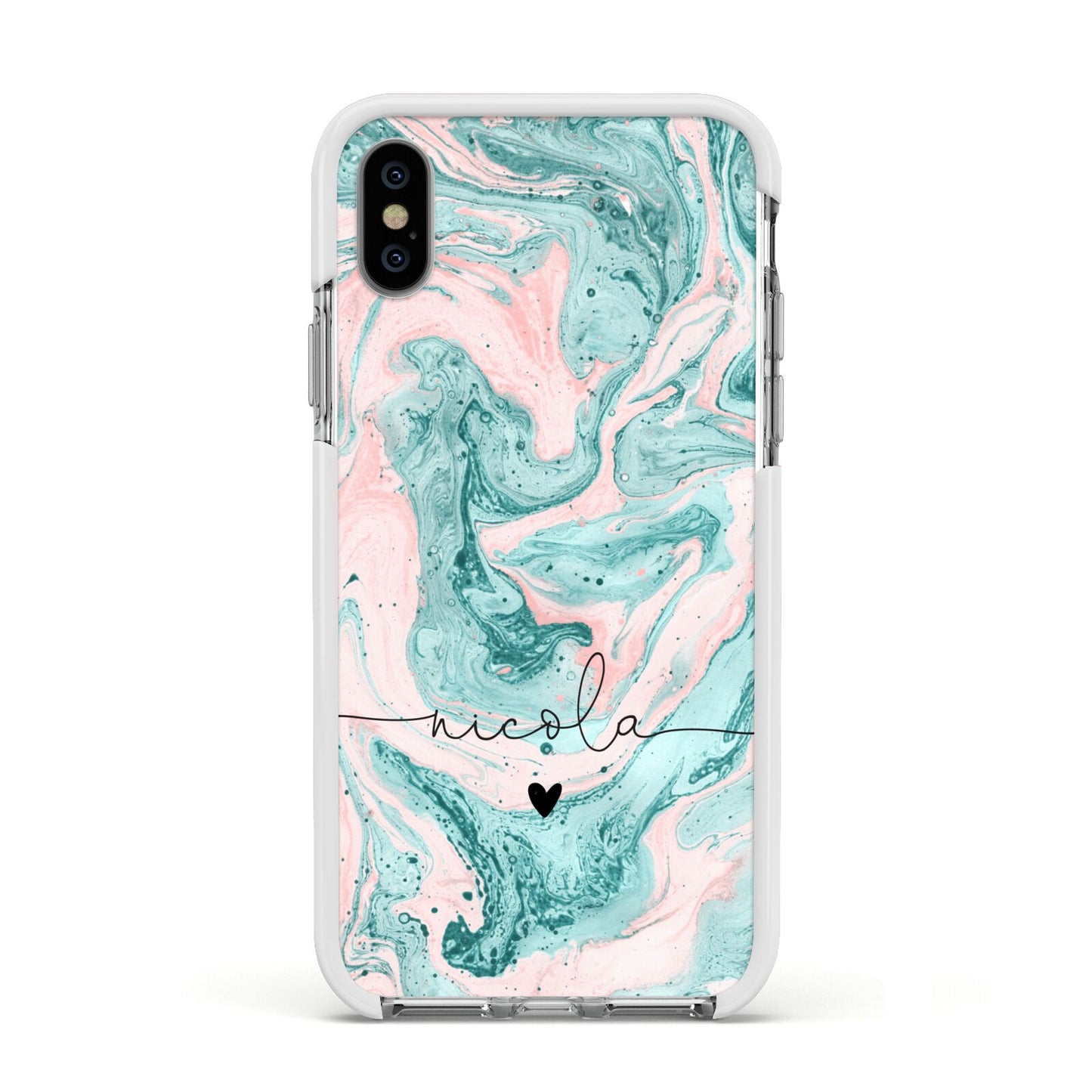 Personalised Name Green Swirl Marble Apple iPhone Xs Impact Case White Edge on Silver Phone