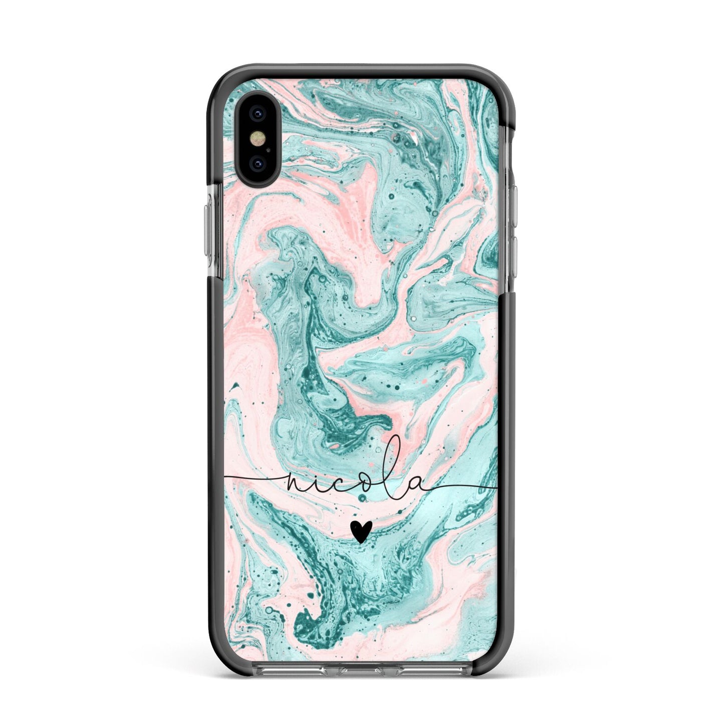 Personalised Name Green Swirl Marble Apple iPhone Xs Max Impact Case Black Edge on Black Phone