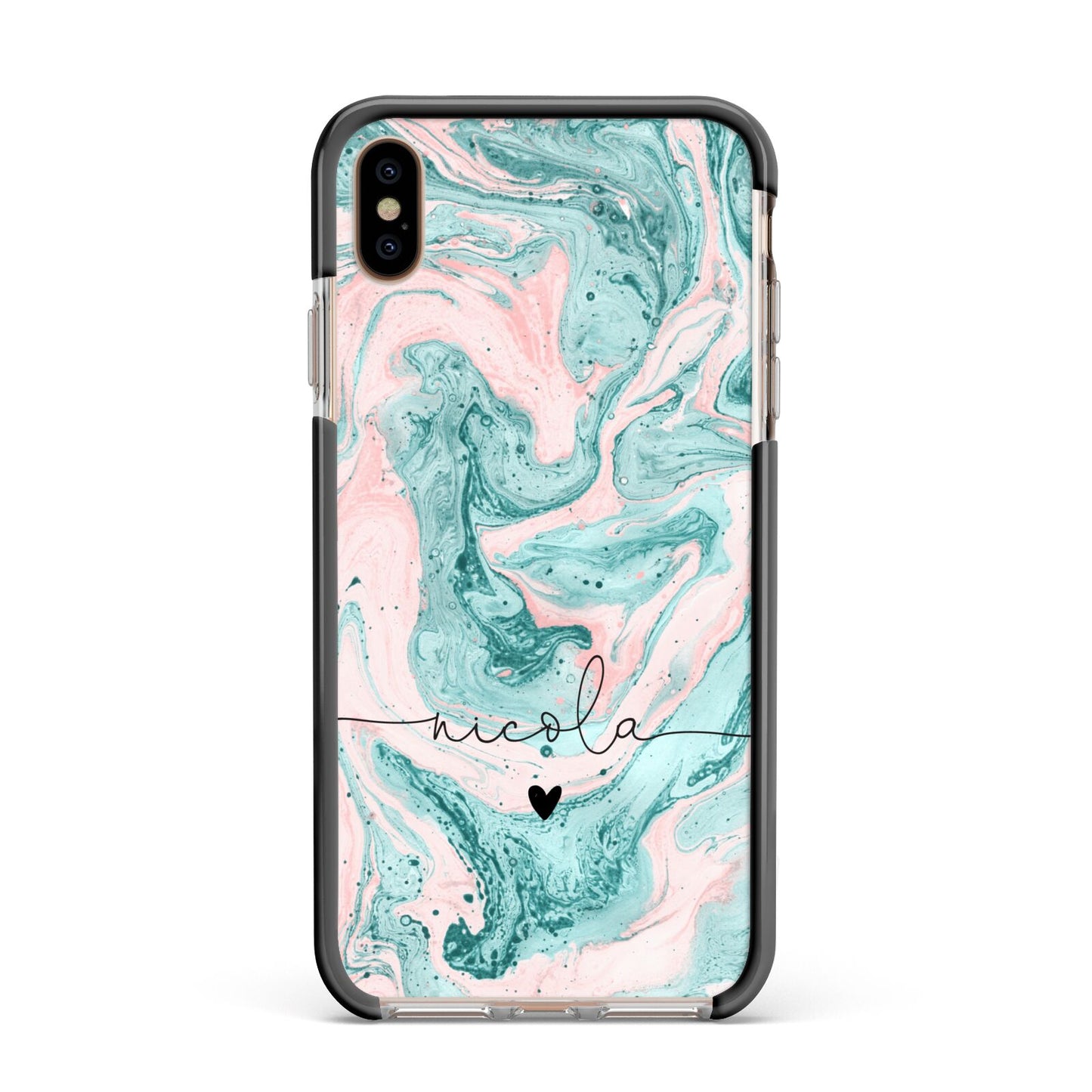 Personalised Name Green Swirl Marble Apple iPhone Xs Max Impact Case Black Edge on Gold Phone