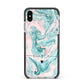 Personalised Name Green Swirl Marble Apple iPhone Xs Max Impact Case Black Edge on Silver Phone