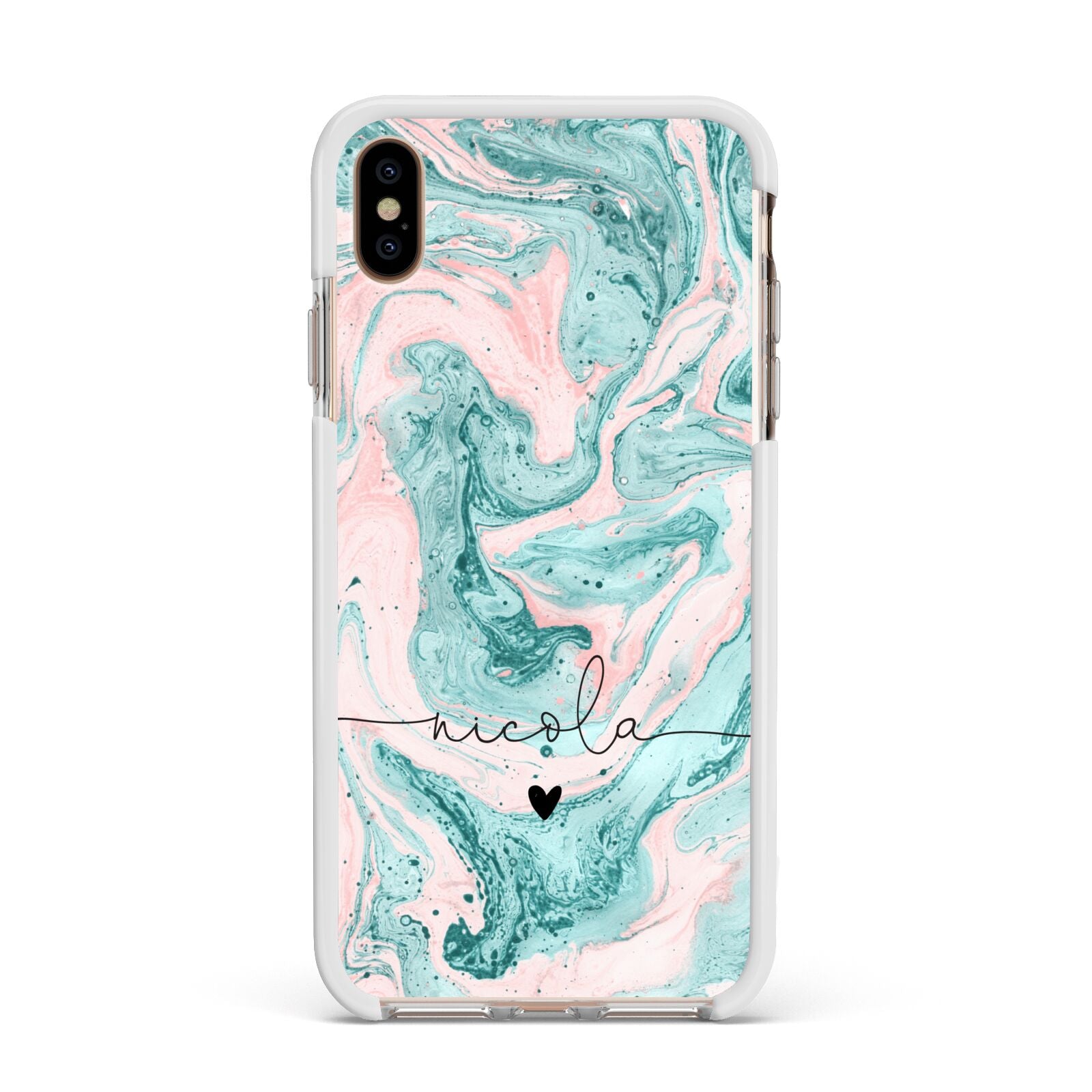 Personalised Name Green Swirl Marble Apple iPhone Xs Max Impact Case White Edge on Gold Phone
