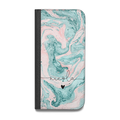 Personalised Name Green Swirl Marble Vegan Leather Flip iPhone Case