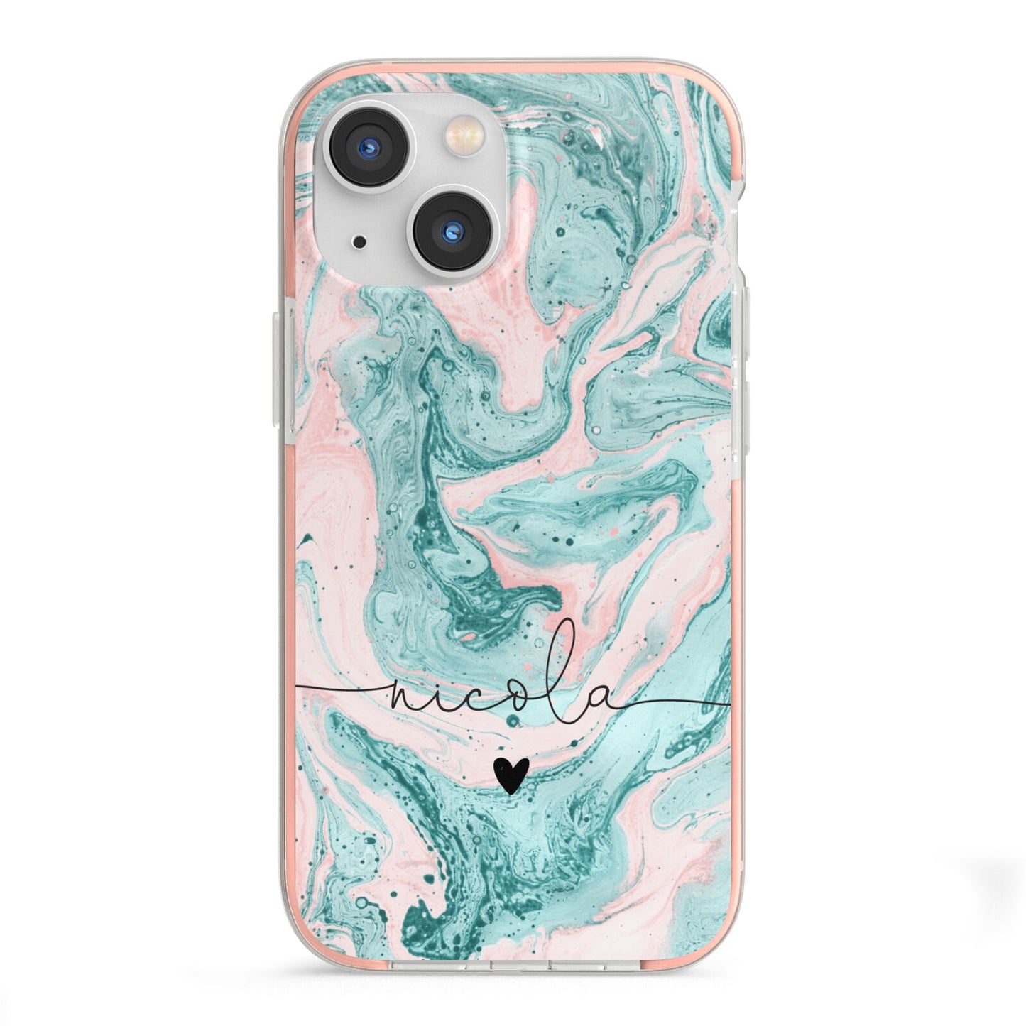 Personalised Name Green Swirl Marble iPhone 13 Mini TPU Impact Case with Pink Edges