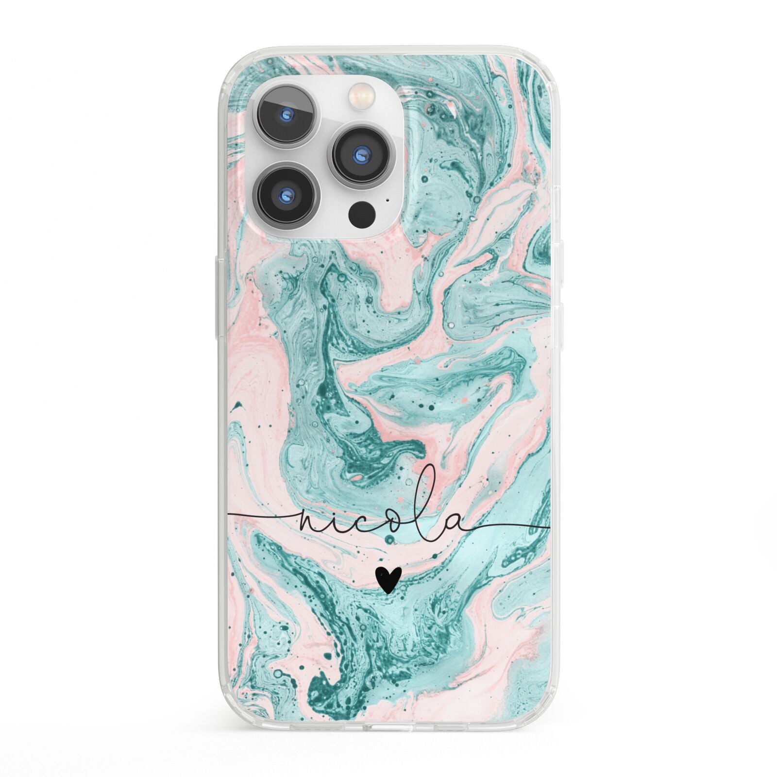 Personalised Name Green Swirl Marble iPhone 13 Pro Clear Bumper Case