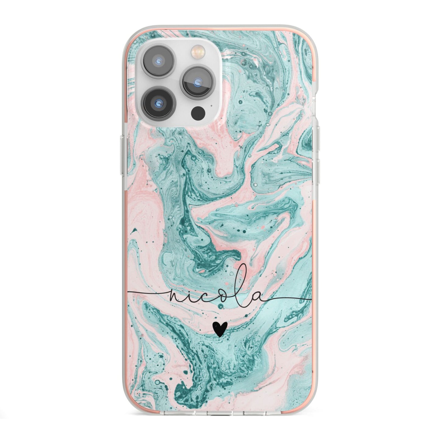 Personalised Name Green Swirl Marble iPhone 13 Pro Max TPU Impact Case with Pink Edges
