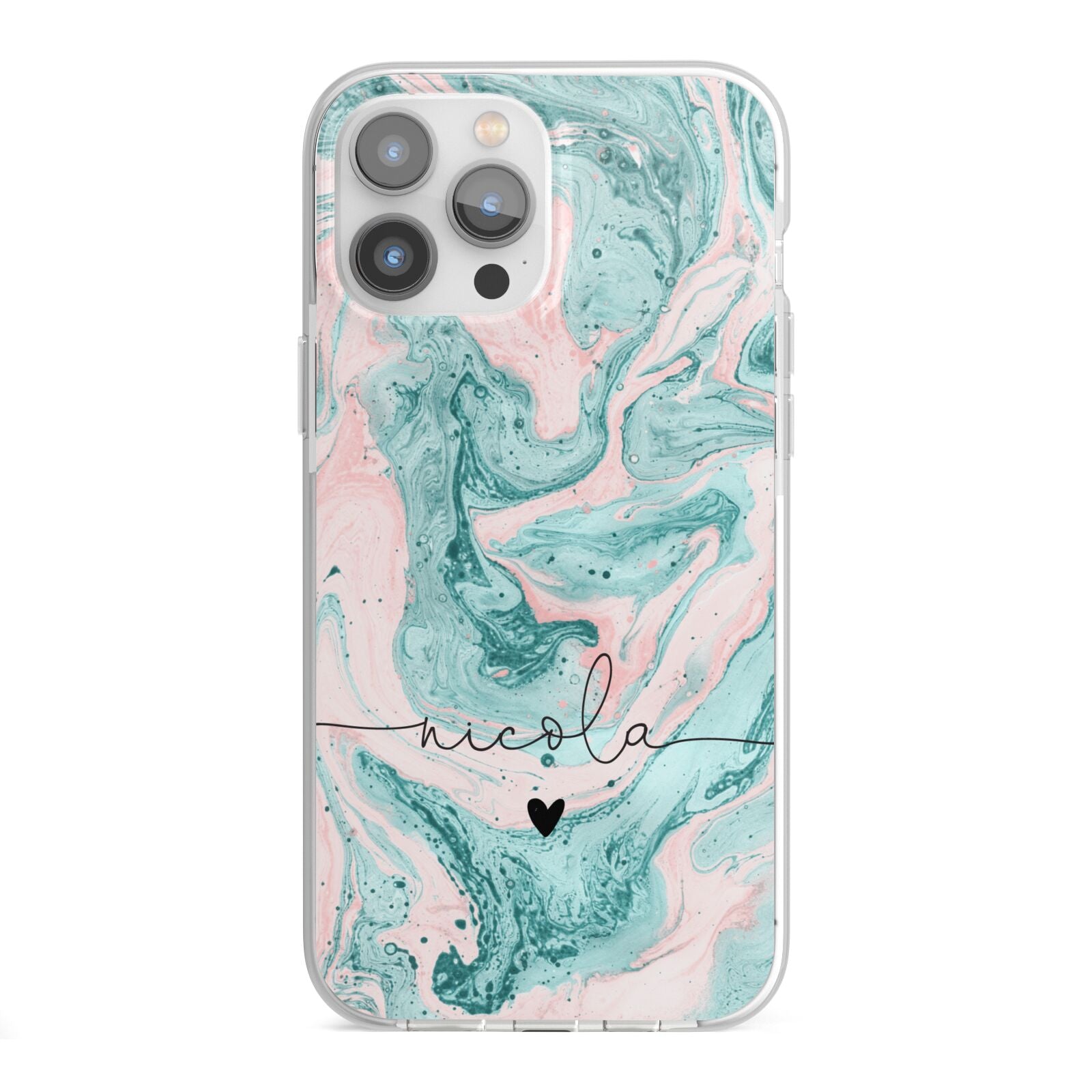 Personalised Name Green Swirl Marble iPhone 13 Pro Max TPU Impact Case with White Edges