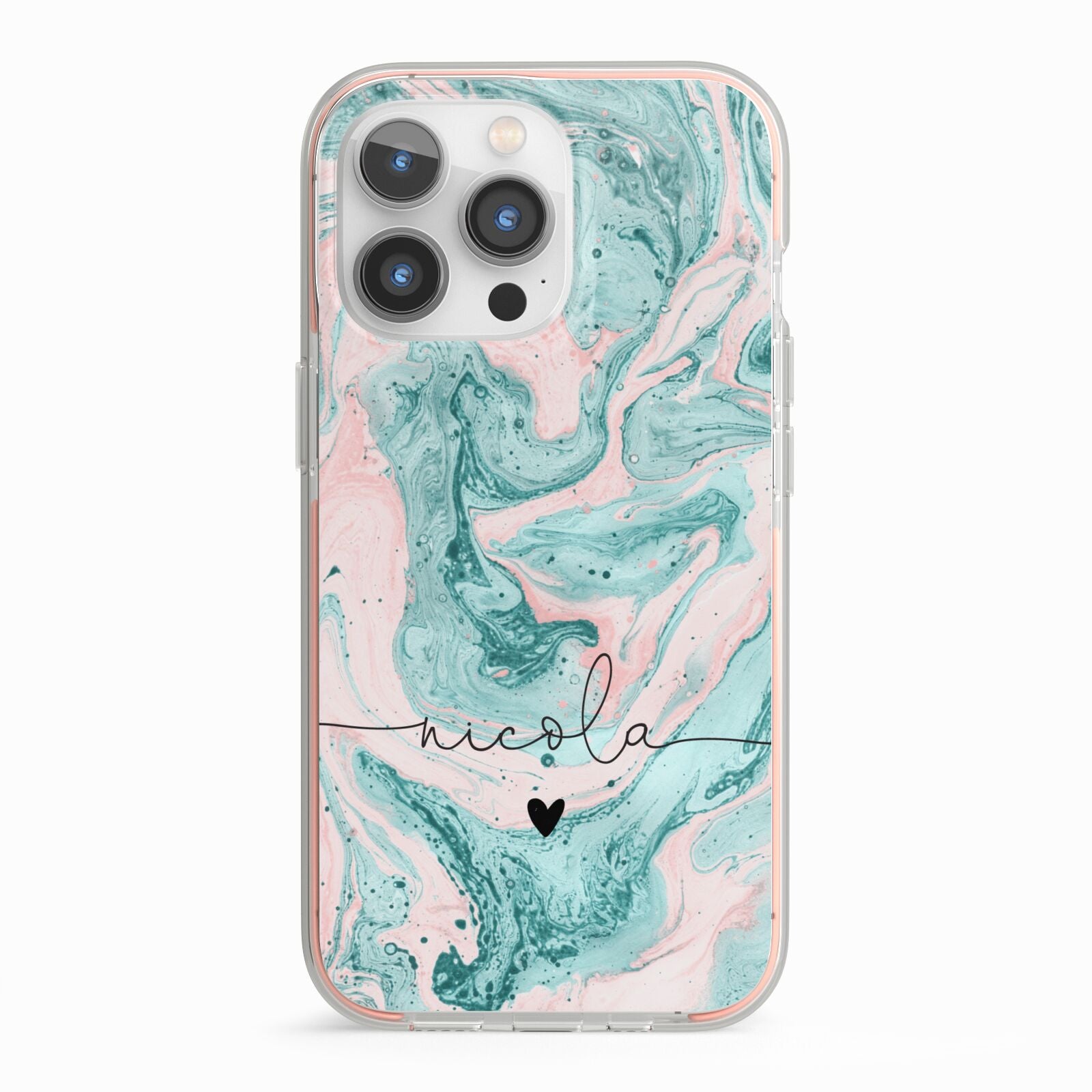 Personalised Name Green Swirl Marble iPhone 13 Pro TPU Impact Case with Pink Edges