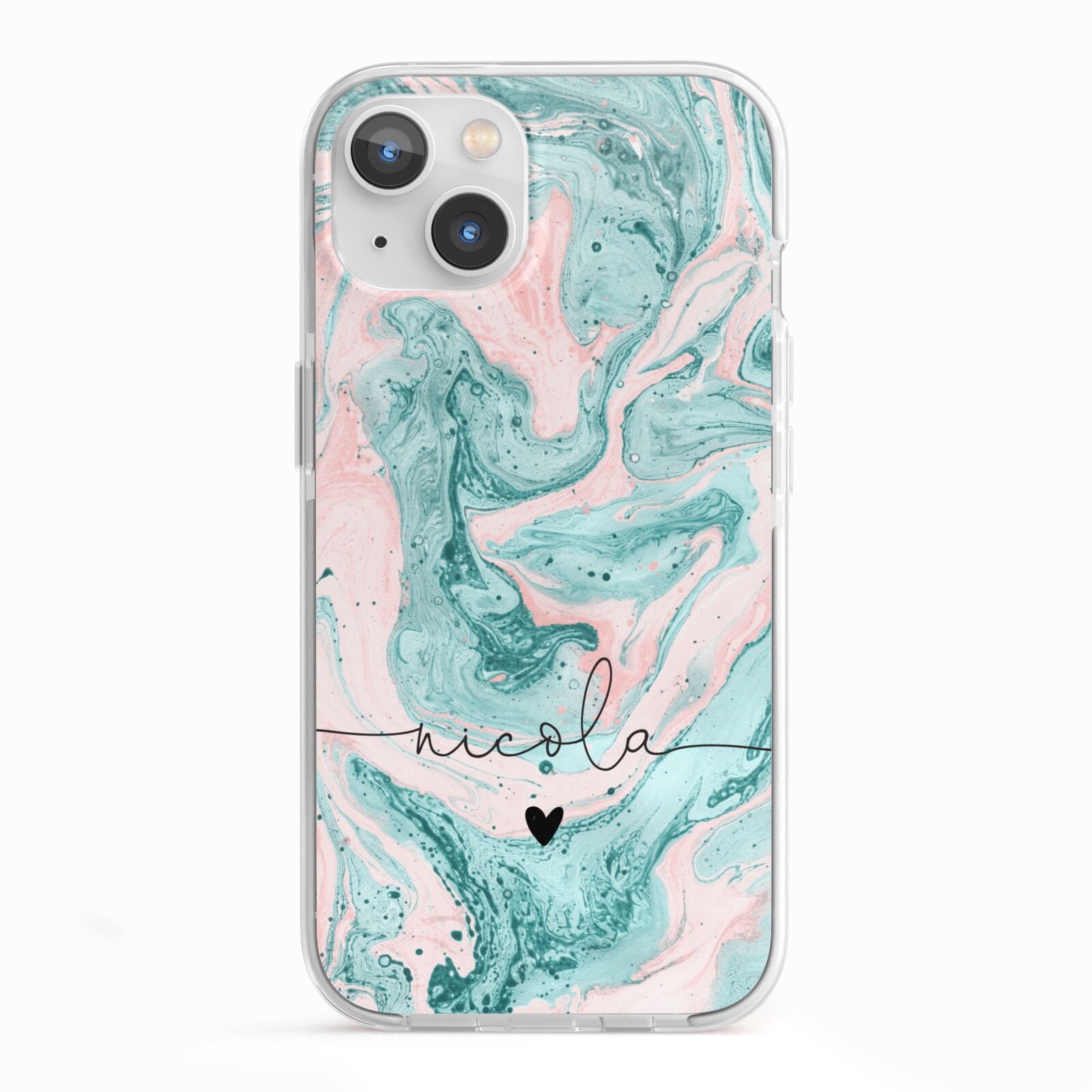 Personalised Name Green Swirl Marble iPhone 13 TPU Impact Case with White Edges