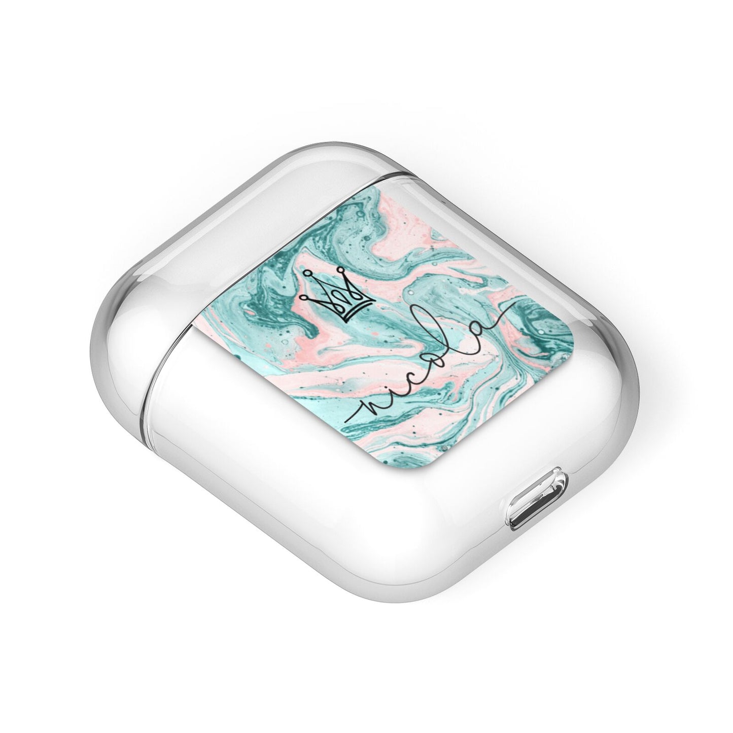 Personalised Name Marble Effect Crown AirPods Case Laid Flat