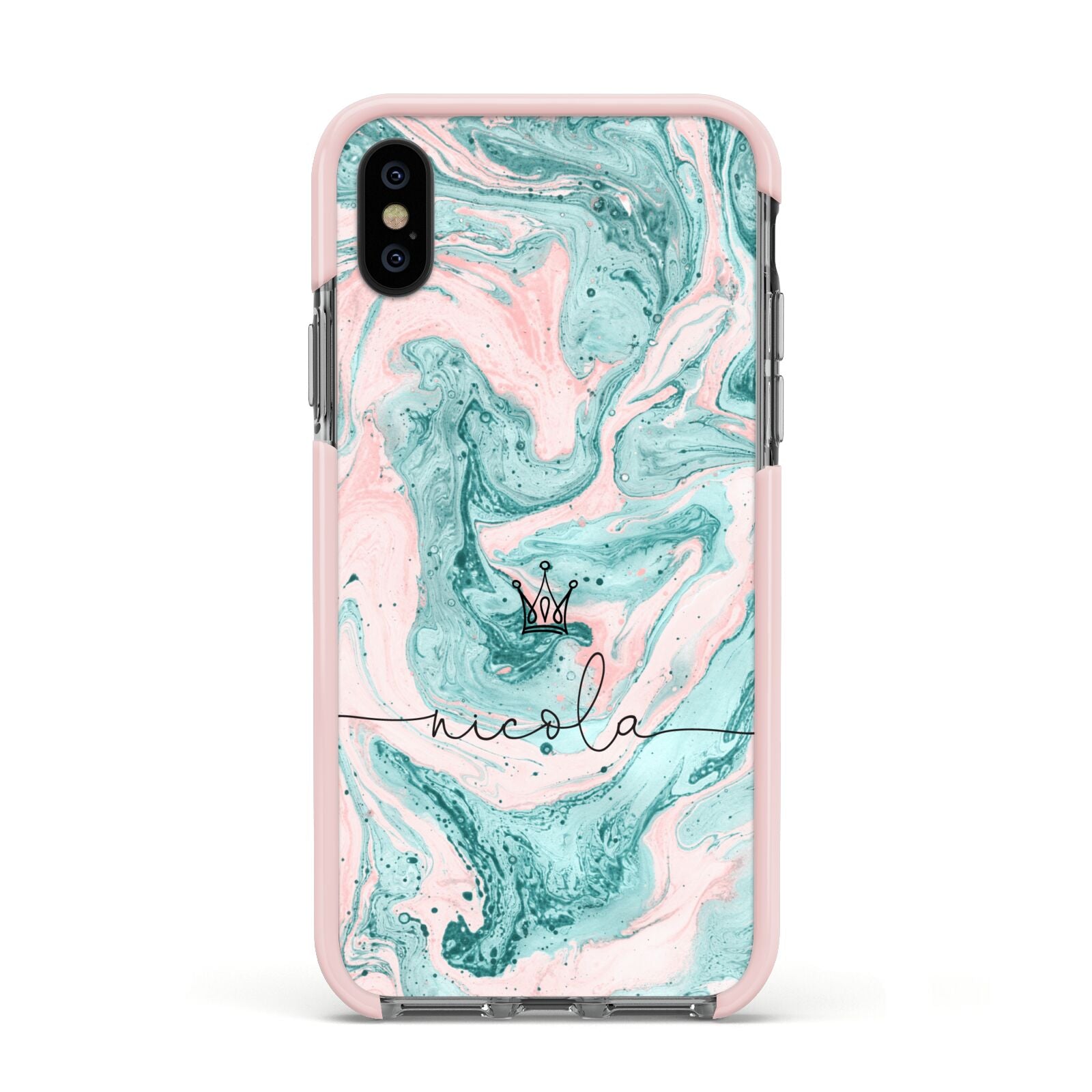 Personalised Name Marble Effect Crown Apple iPhone Xs Impact Case Pink Edge on Black Phone