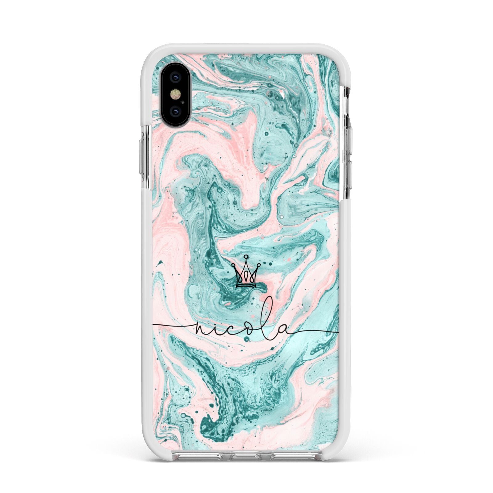 Personalised Name Marble Effect Crown Apple iPhone Xs Max Impact Case White Edge on Silver Phone