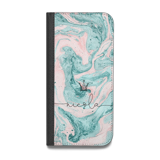 Personalised Name Marble Effect Crown Vegan Leather Flip iPhone Case