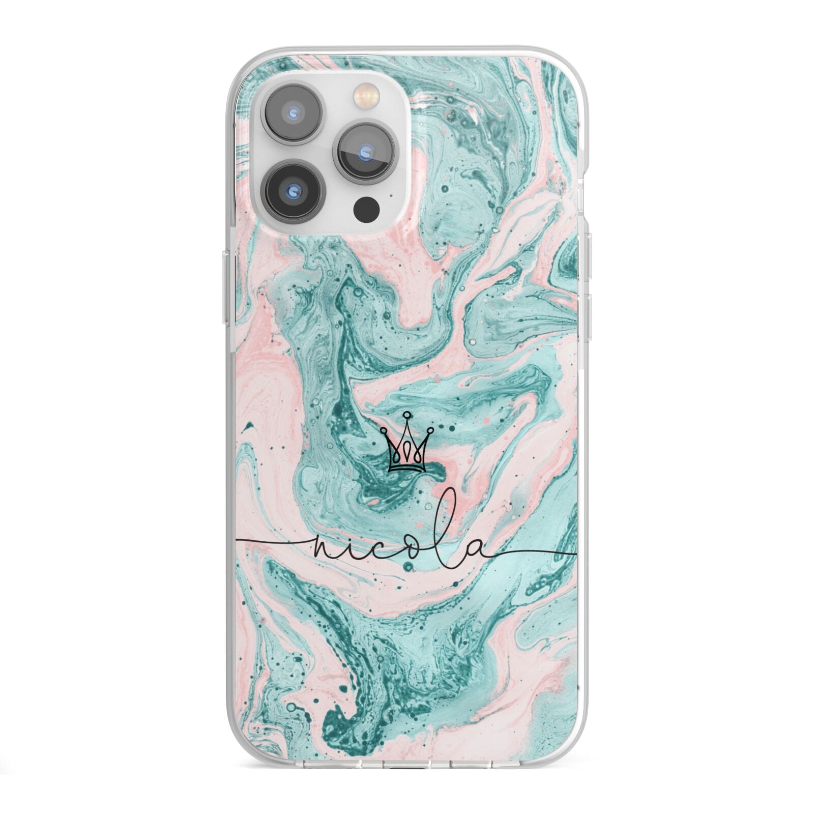 Personalised Name Marble Effect Crown iPhone 13 Pro Max TPU Impact Case with White Edges