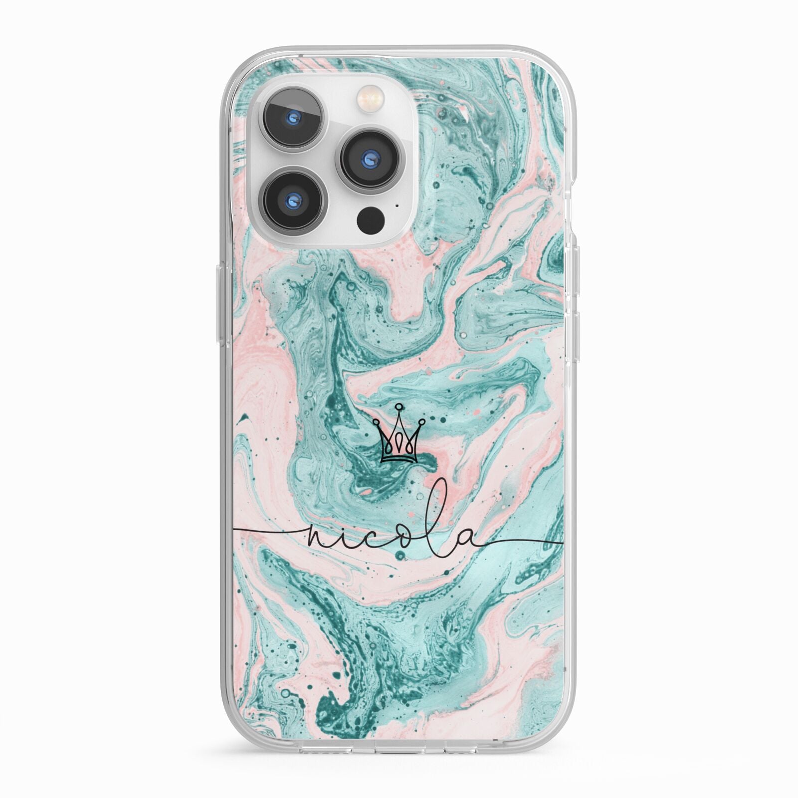 Personalised Name Marble Effect Crown iPhone 13 Pro TPU Impact Case with White Edges