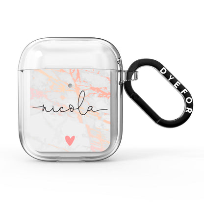 Personalised Name Pink Marble Heart AirPods Clear Case